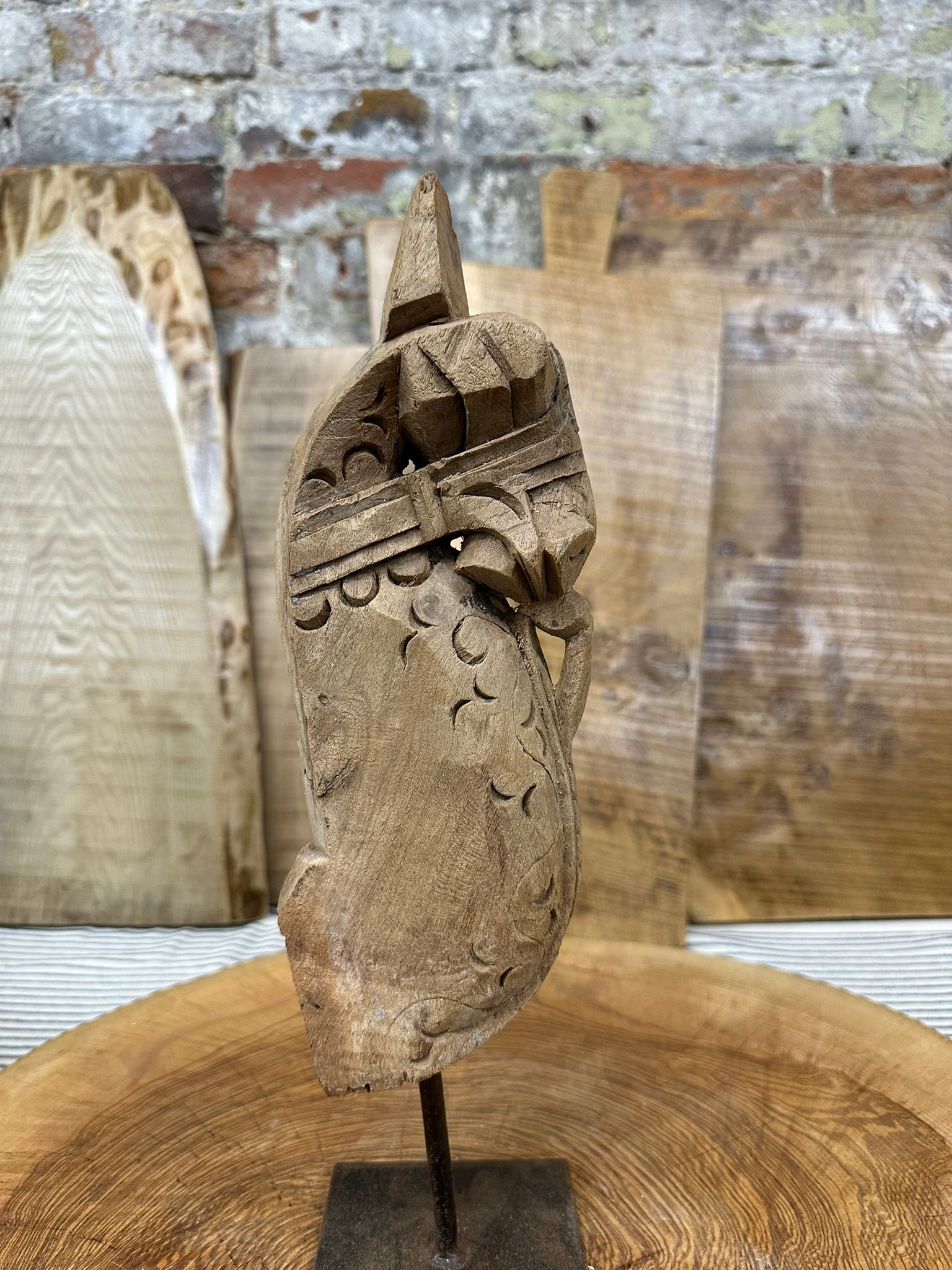 Vintage Handmade Carved Wooden Horse Head Ornament on Metal Stand