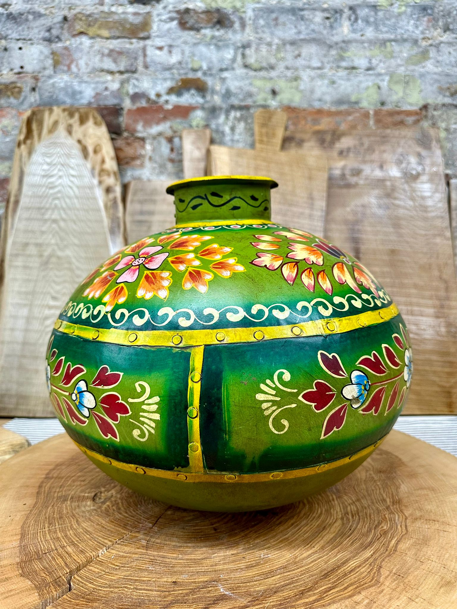 Vintage Painted Indian Water Pot Vase with Hand Beaten Metal