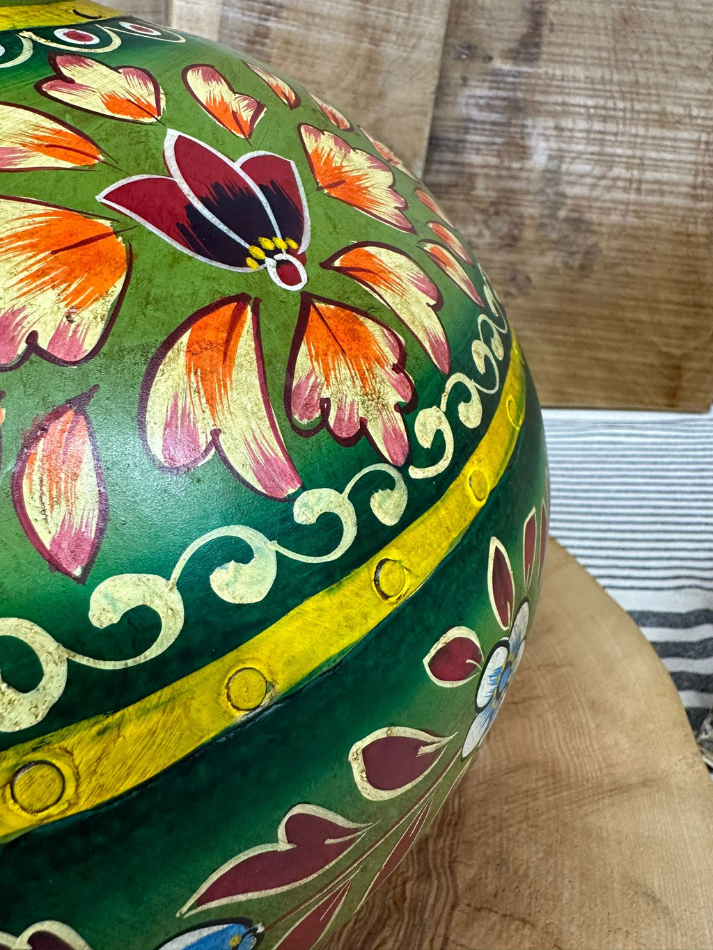Vintage Painted Indian Water Pot Vase with Hand Beaten Metal