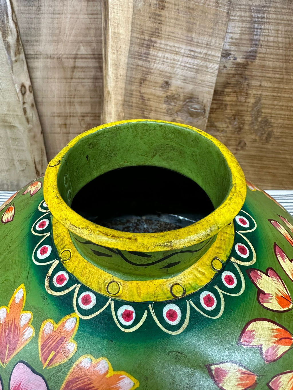 Vintage Painted Indian Water Pot Vase with Hand Beaten Metal