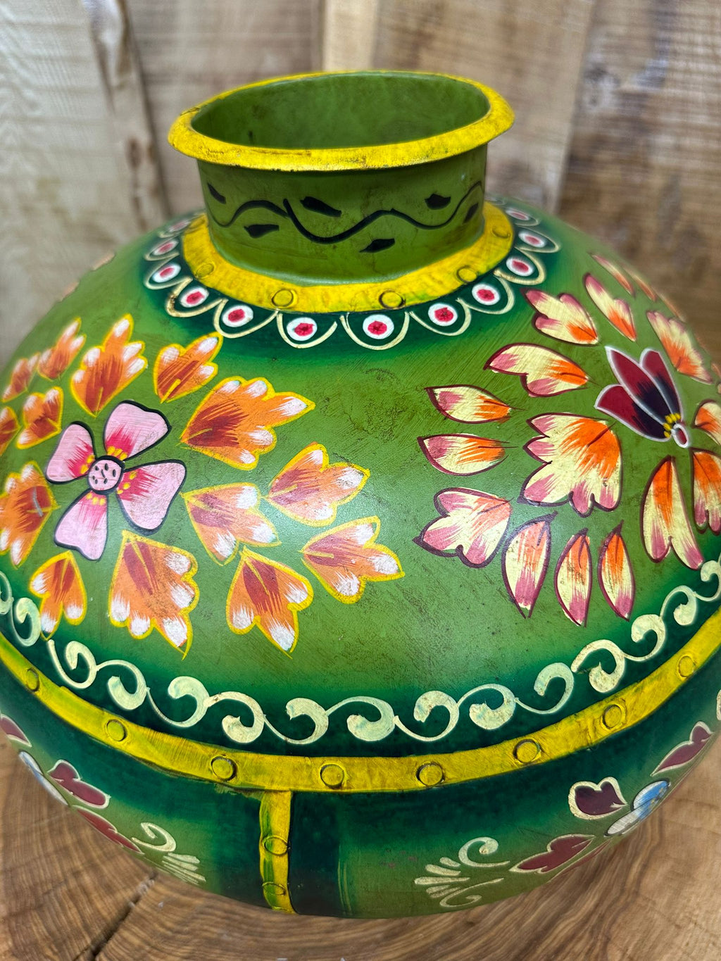 Vintage Painted Indian Water Pot Vase with Hand Beaten Metal