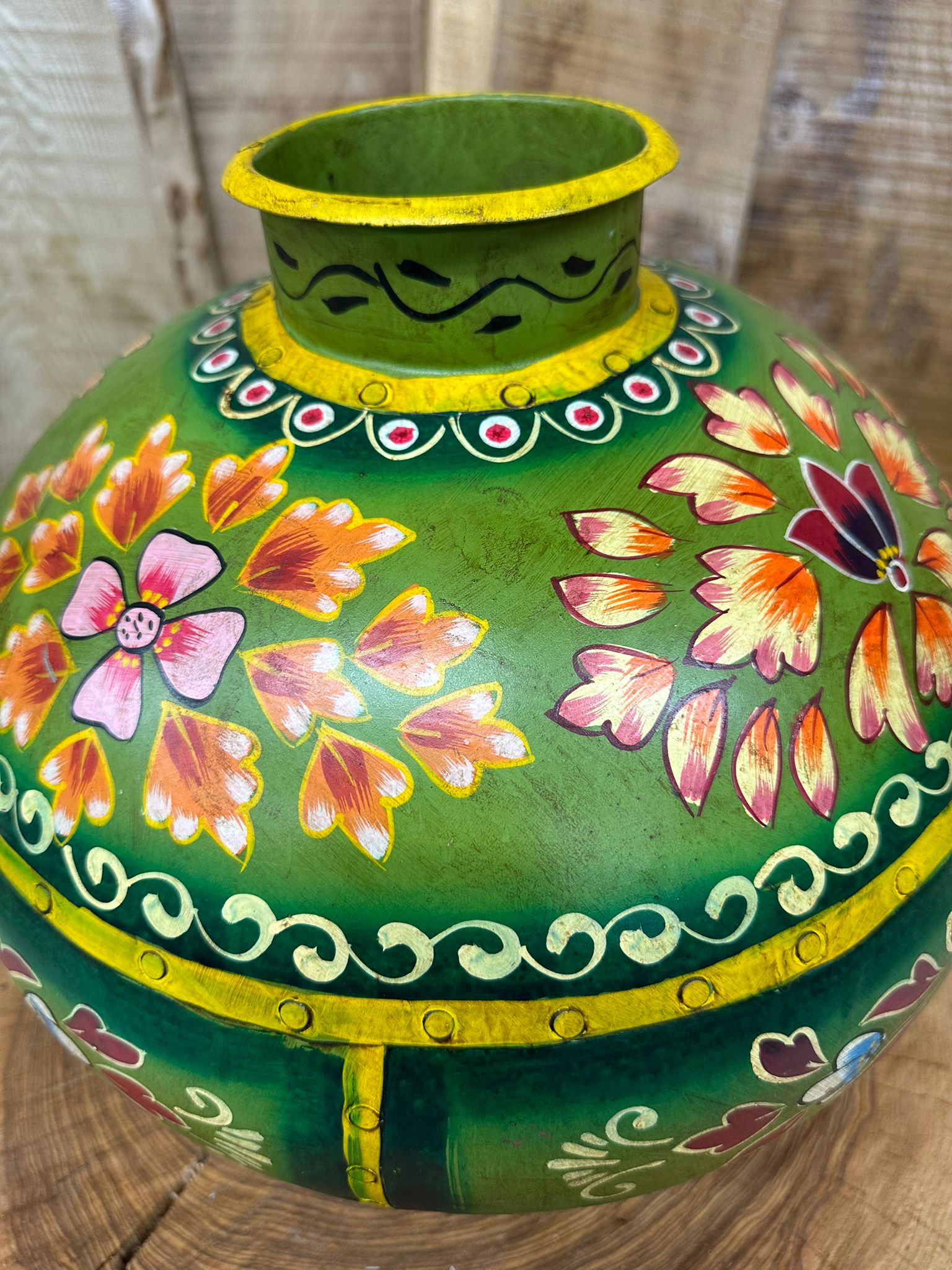 Vintage Painted Indian Water Pot Vase with Hand Beaten Metal