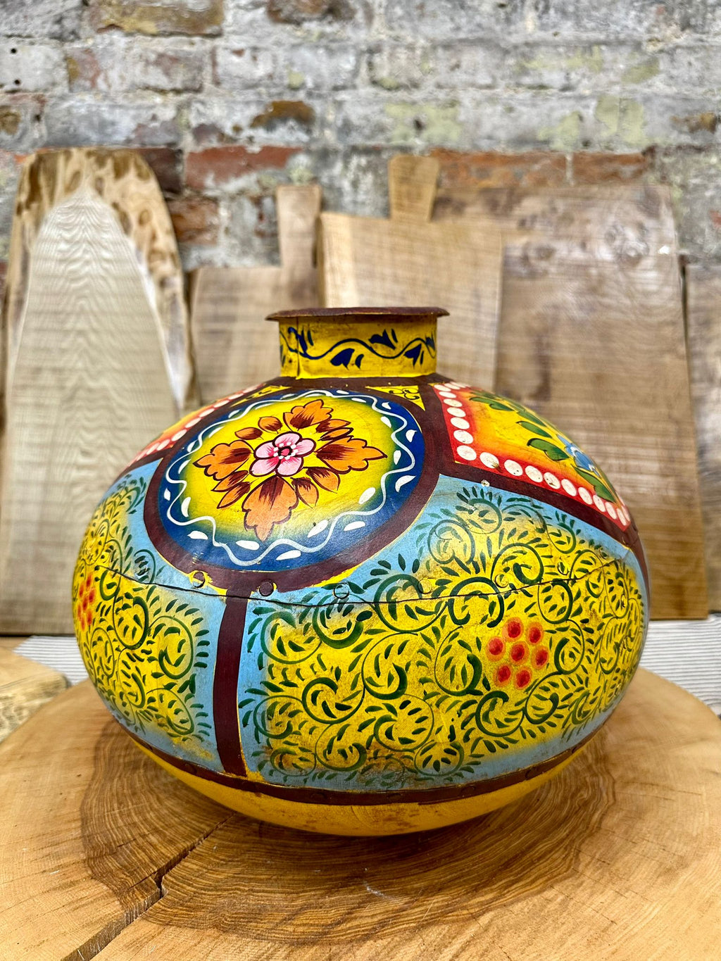 Vintage Painted Indian Water Pot Vase with Hand Beaten Metal