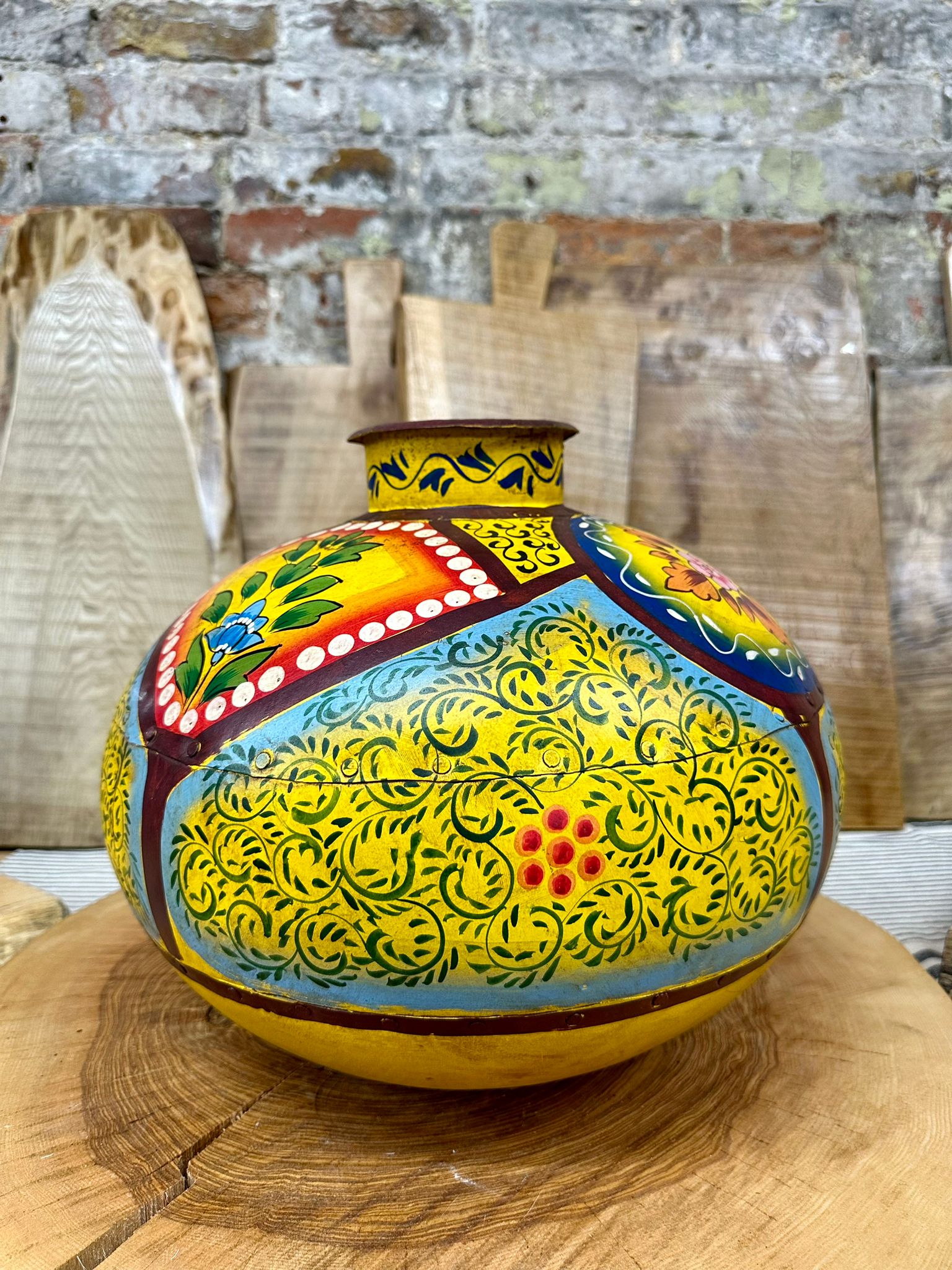 Vintage Painted Indian Water Pot Vase with Hand Beaten Metal