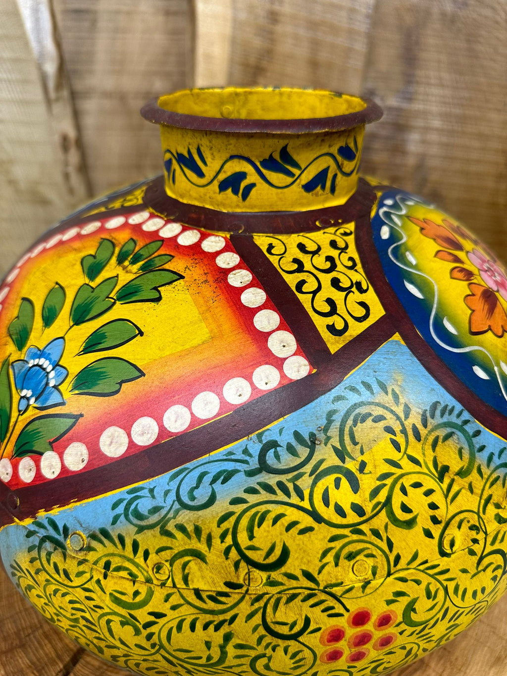 Vintage Painted Indian Water Pot Vase with Hand Beaten Metal