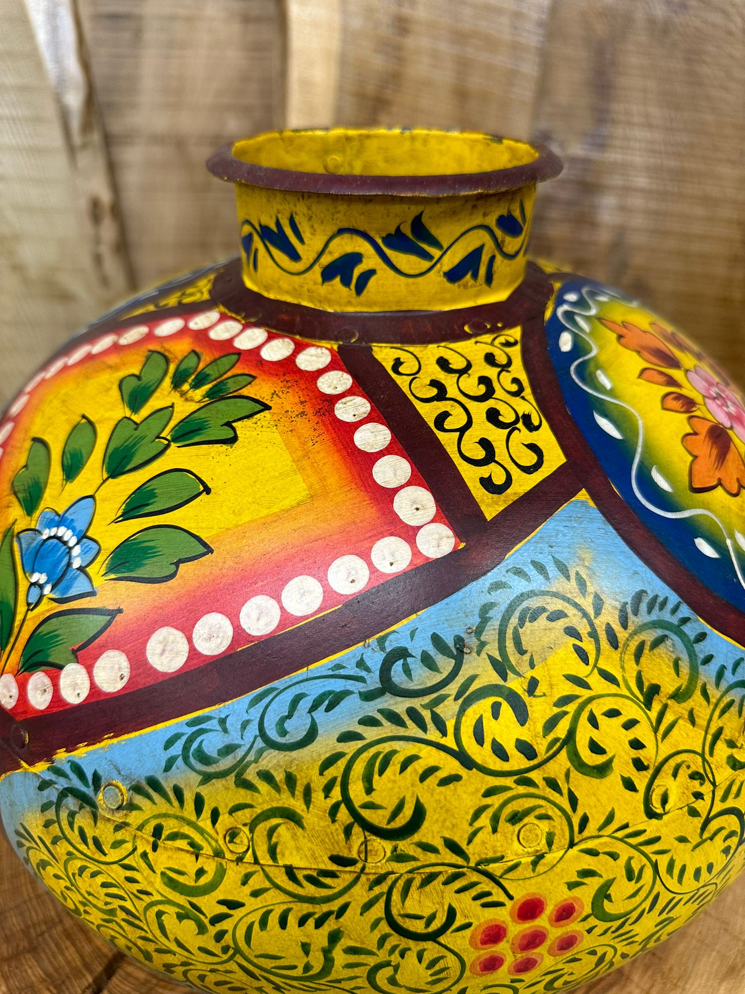 Vintage Painted Indian Water Pot Vase with Hand Beaten Metal