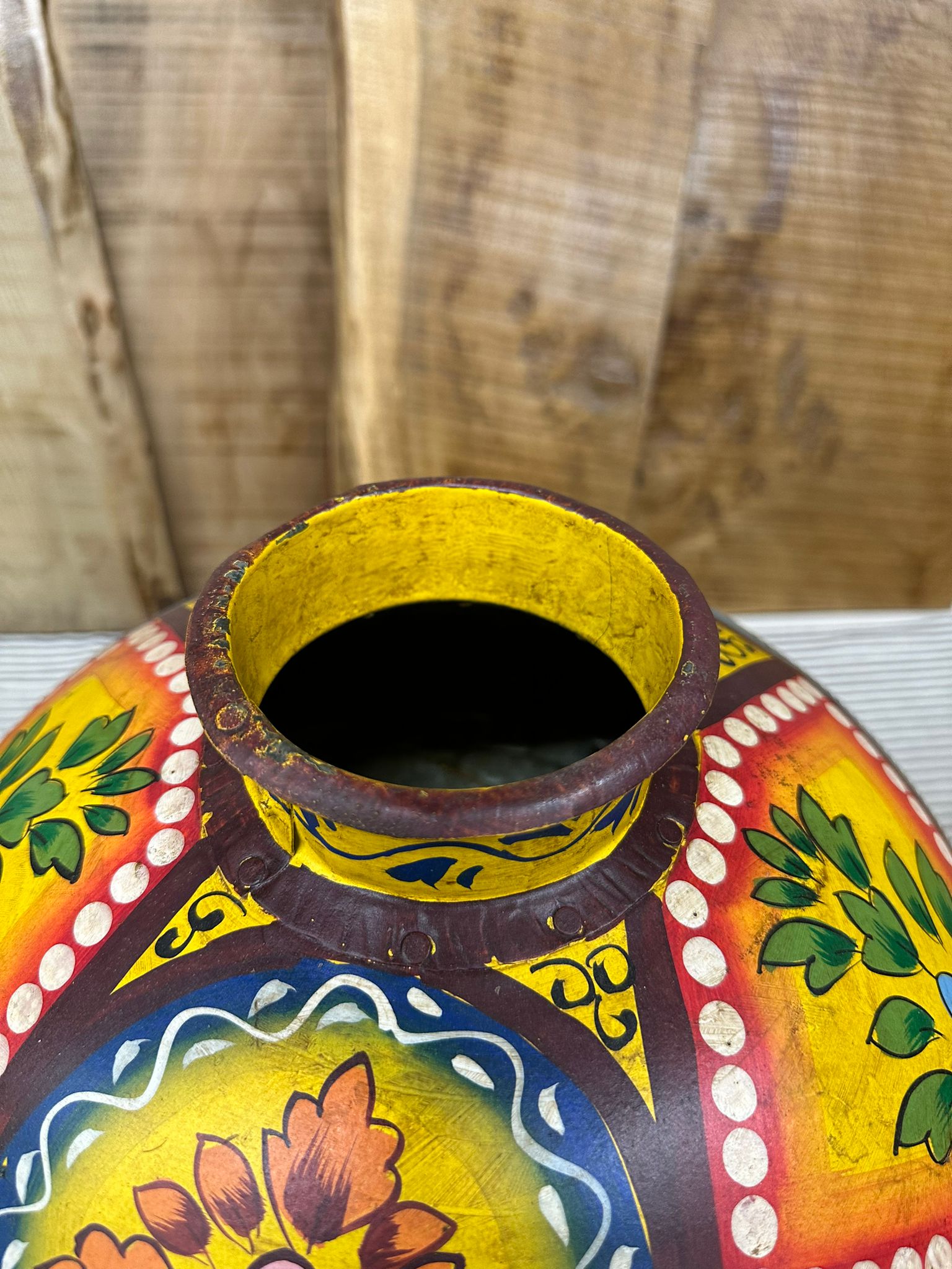 Vintage Painted Indian Water Pot Vase with Hand Beaten Metal