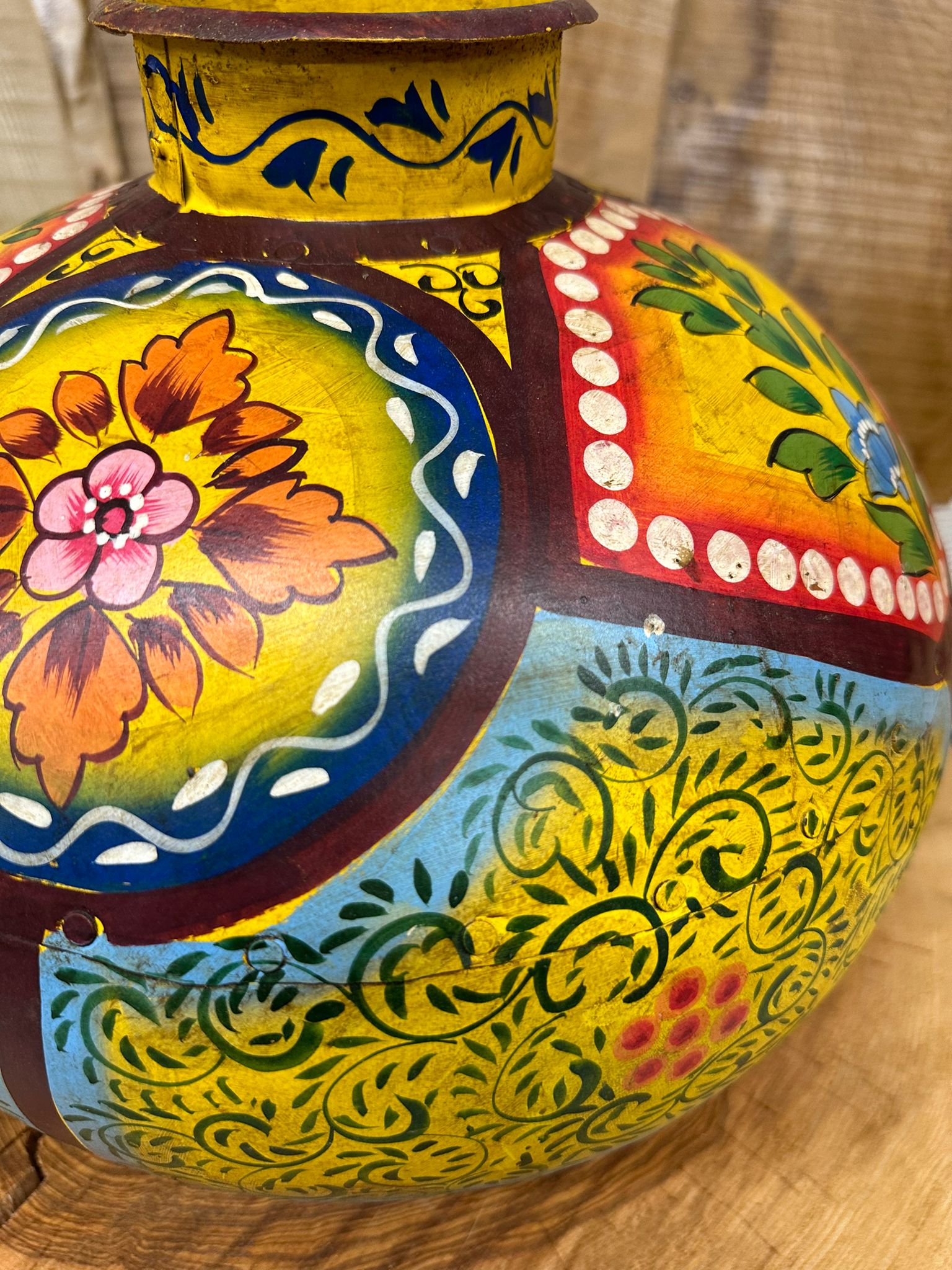 Vintage Painted Indian Water Pot Vase with Hand Beaten Metal