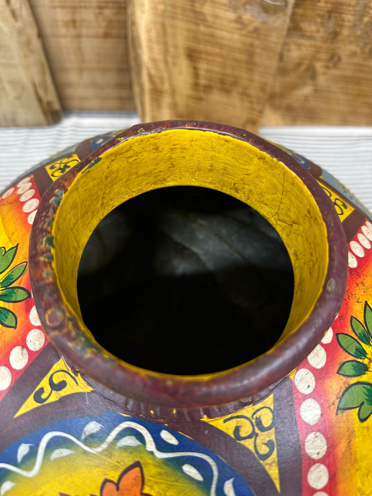 Vintage Painted Indian Water Pot Vase with Hand Beaten Metal