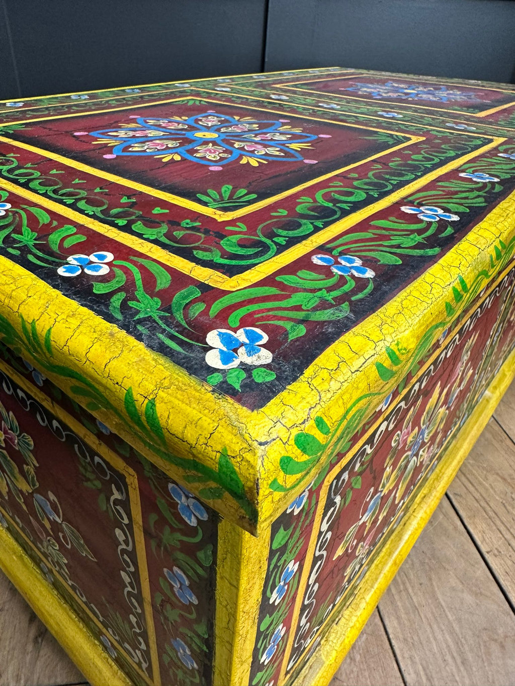 Vintage Hand Painted Indian Trunk Coffee Table Red Floral