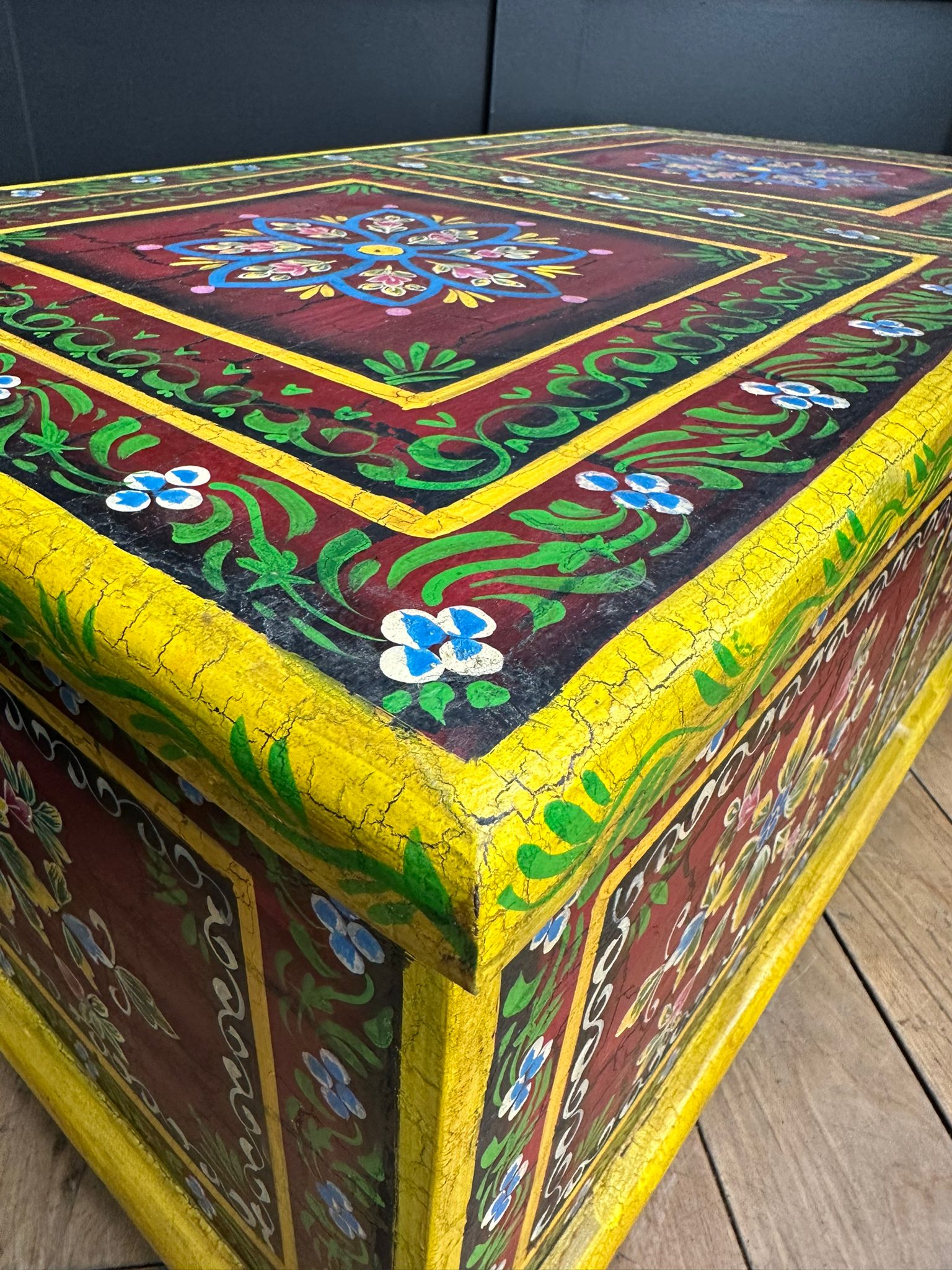 Vintage Hand Painted Indian Trunk Coffee Table Red Floral