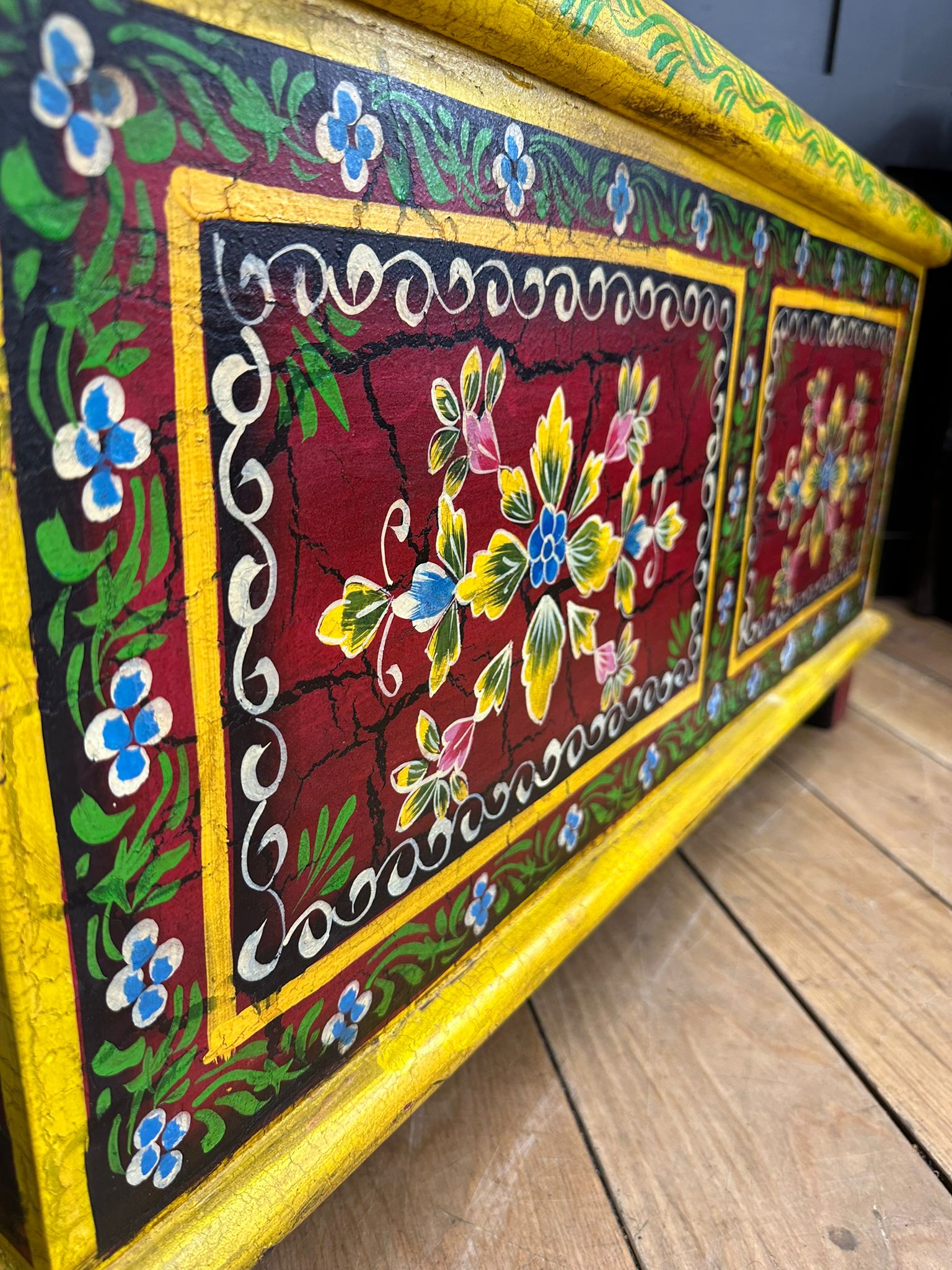 Vintage Hand Painted Indian Trunk Coffee Table Red Floral
