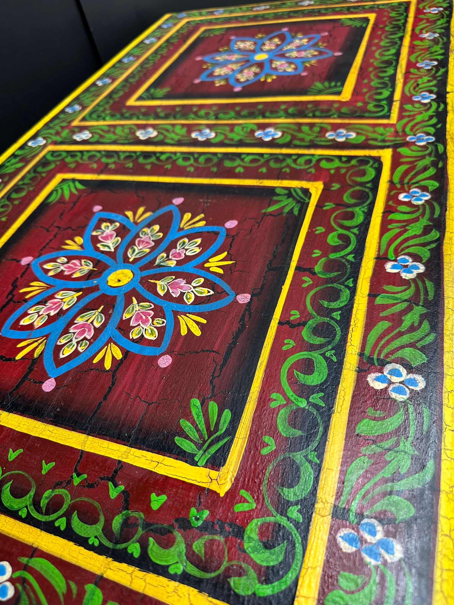 Vintage Hand Painted Indian Trunk Coffee Table Red Floral