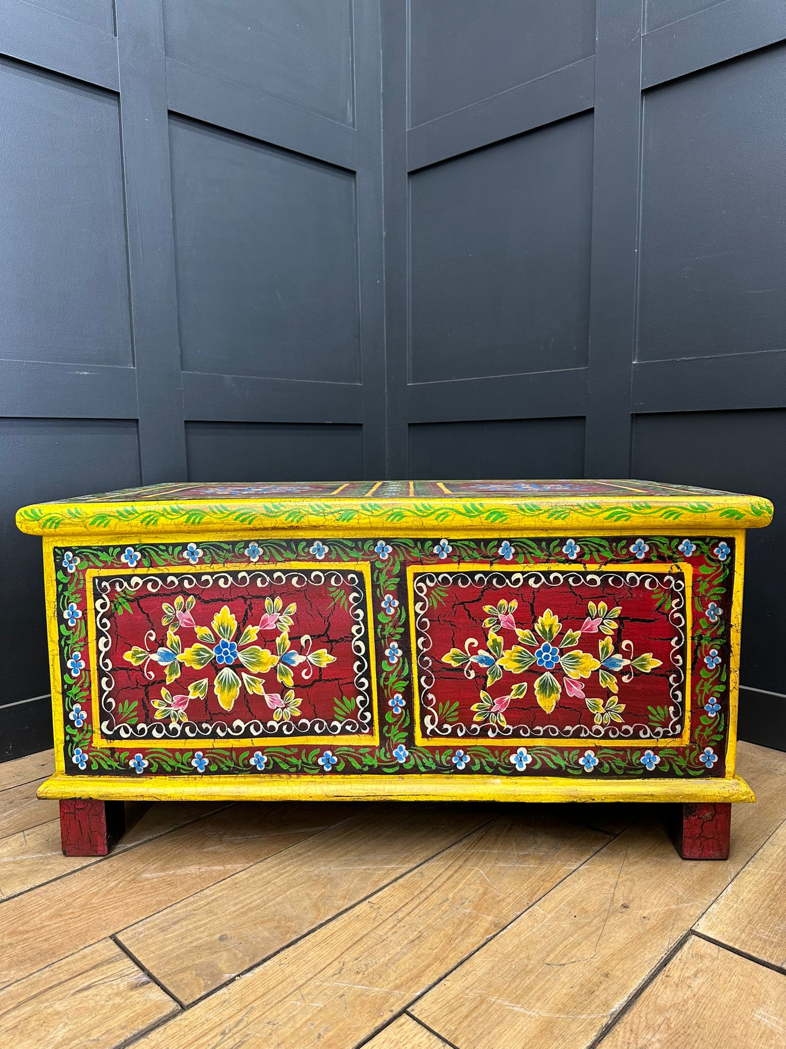 Vintage Hand Painted Indian Trunk Coffee Table Red Floral