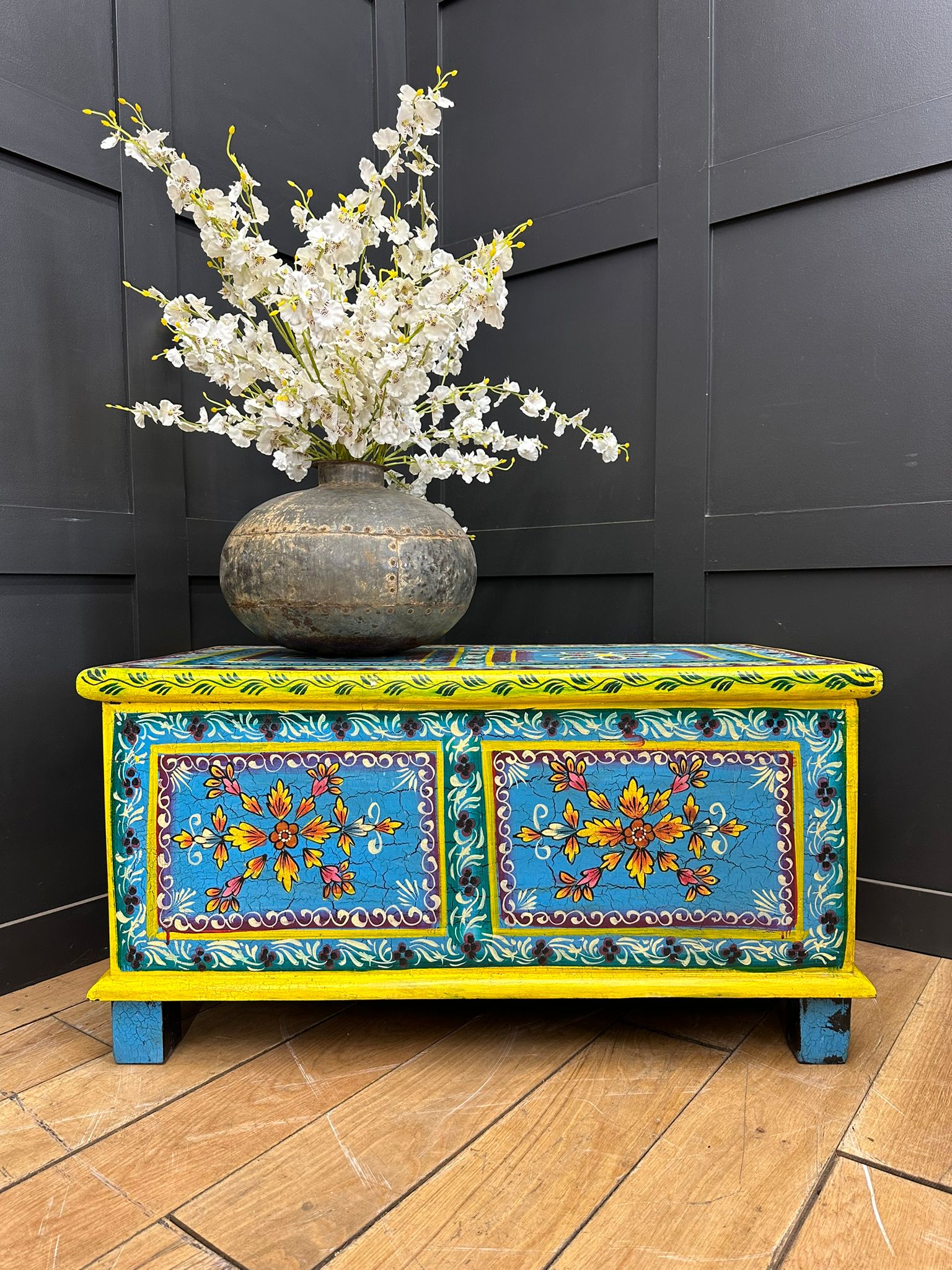 Vintage Hand Painted Indian Trunk Blue Floral Coffee Table