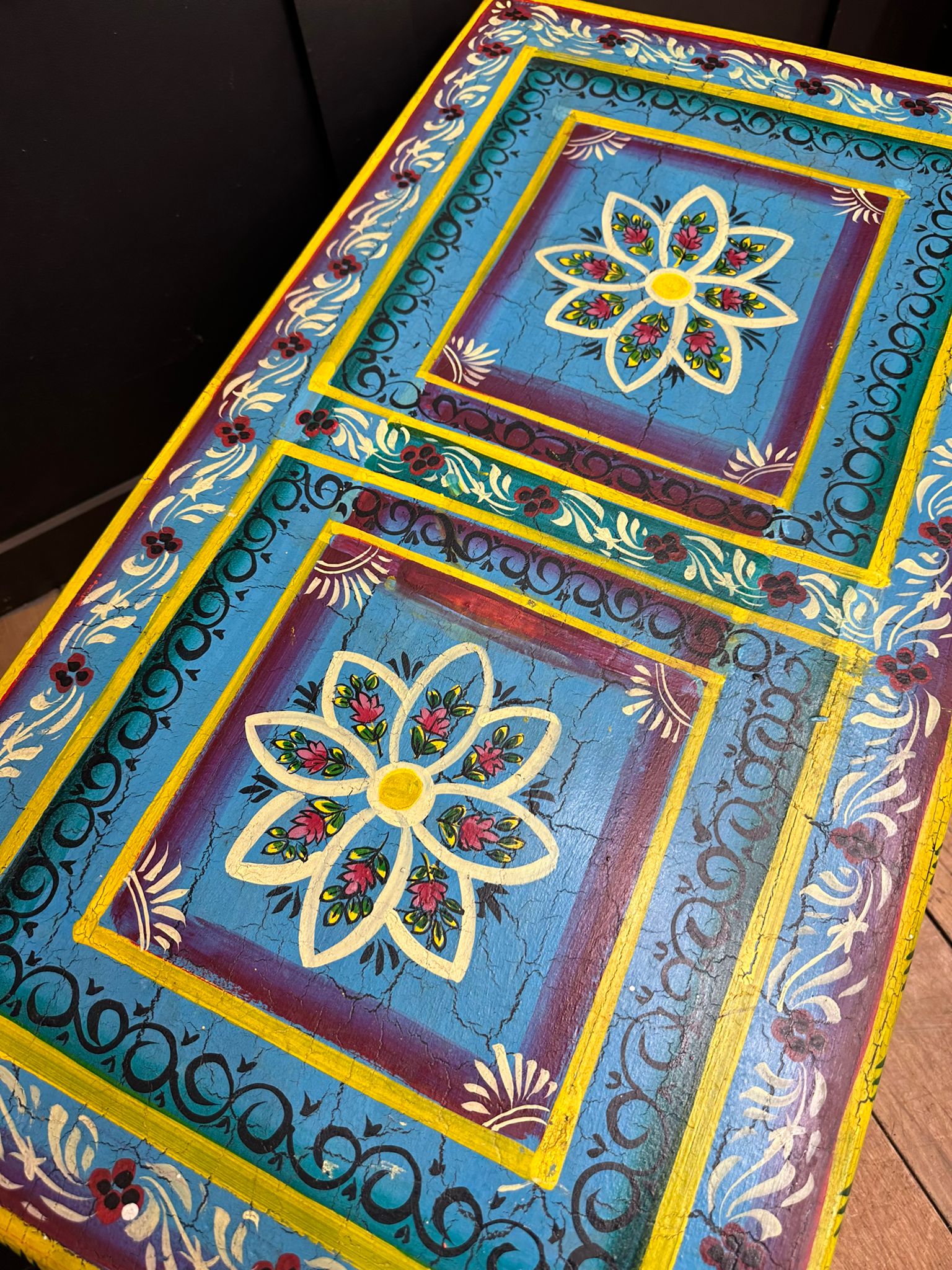 Vintage Hand Painted Indian Trunk Blue Floral Coffee Table