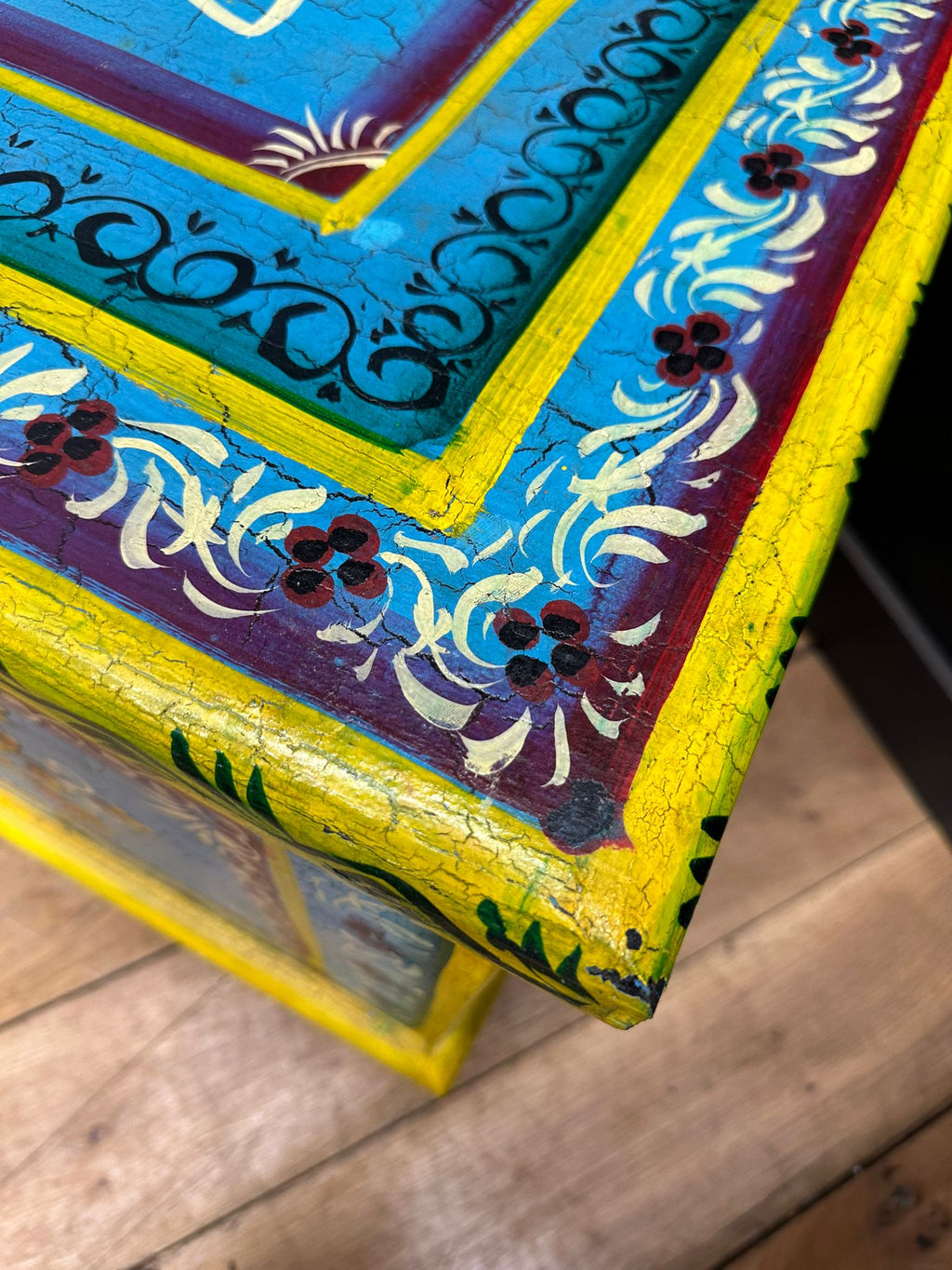 Vintage Hand Painted Indian Trunk Blue Floral Coffee Table