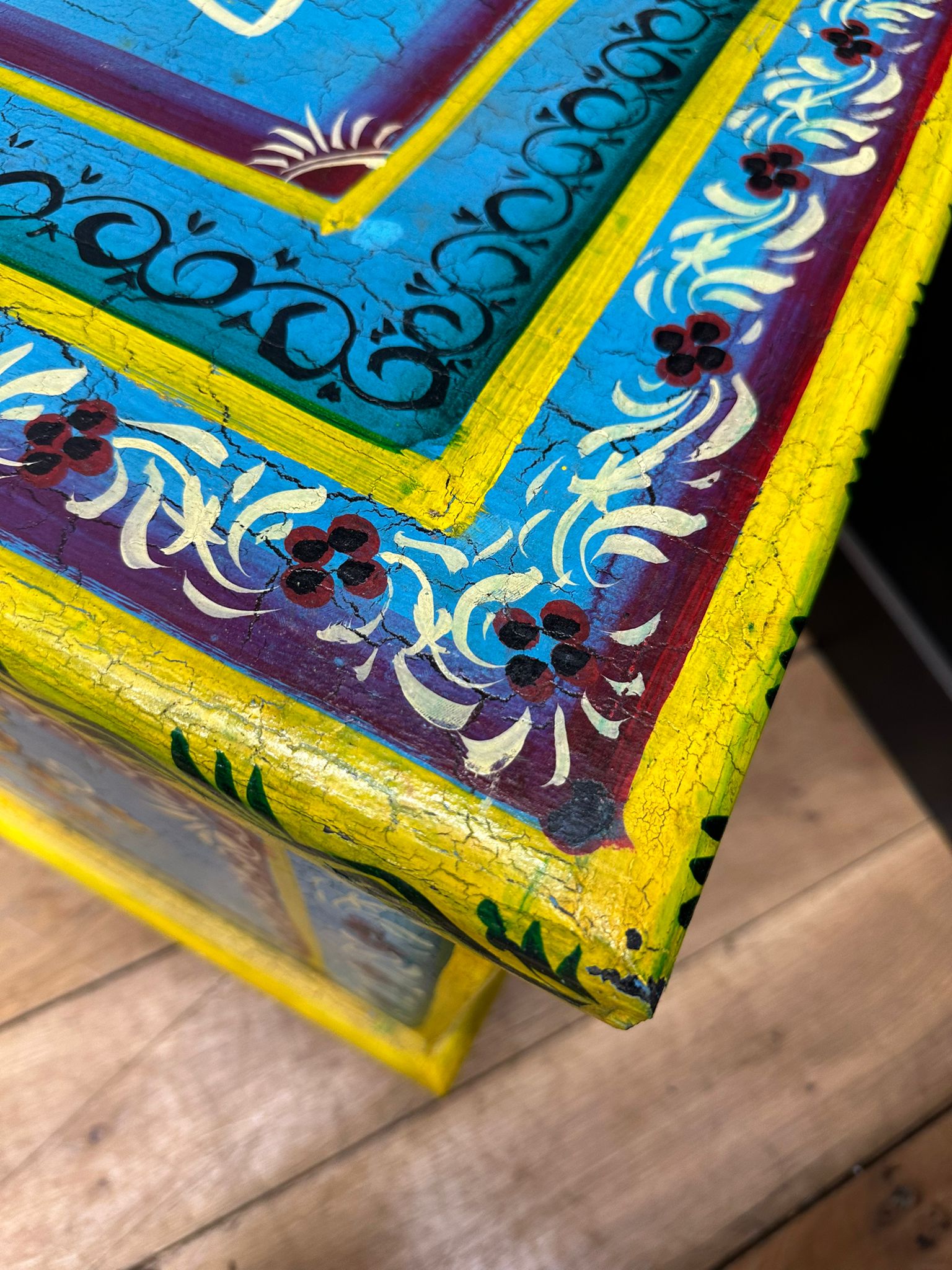 Vintage Hand Painted Indian Trunk Blue Floral Coffee Table