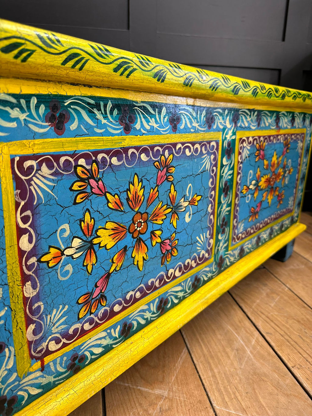 Vintage Hand Painted Indian Trunk Blue Floral Coffee Table
