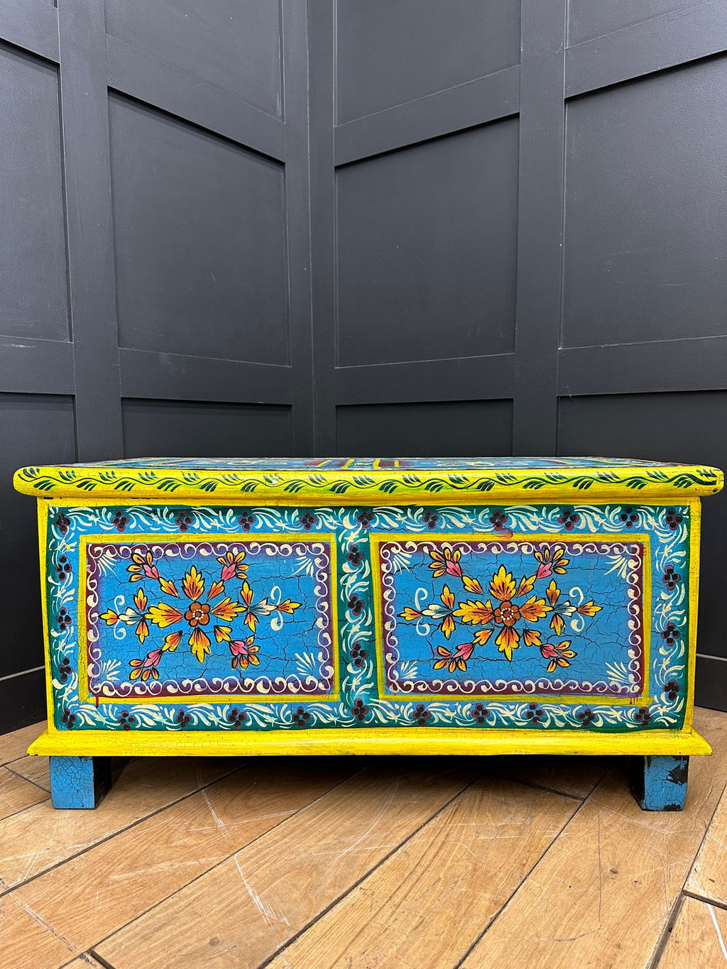 Vintage Hand Painted Indian Trunk Blue Floral Coffee Table