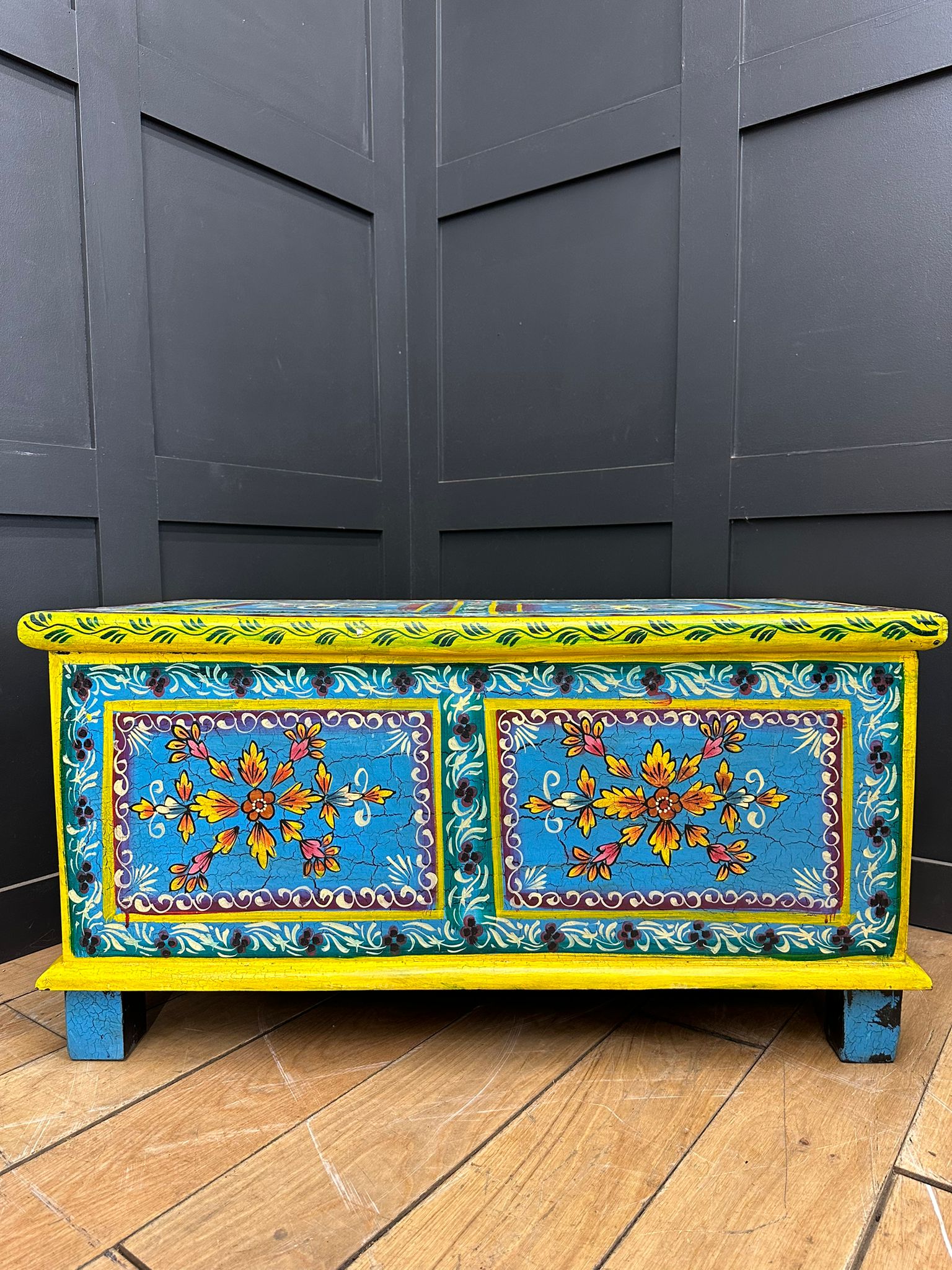 Vintage Hand Painted Indian Trunk Blue Floral Coffee Table