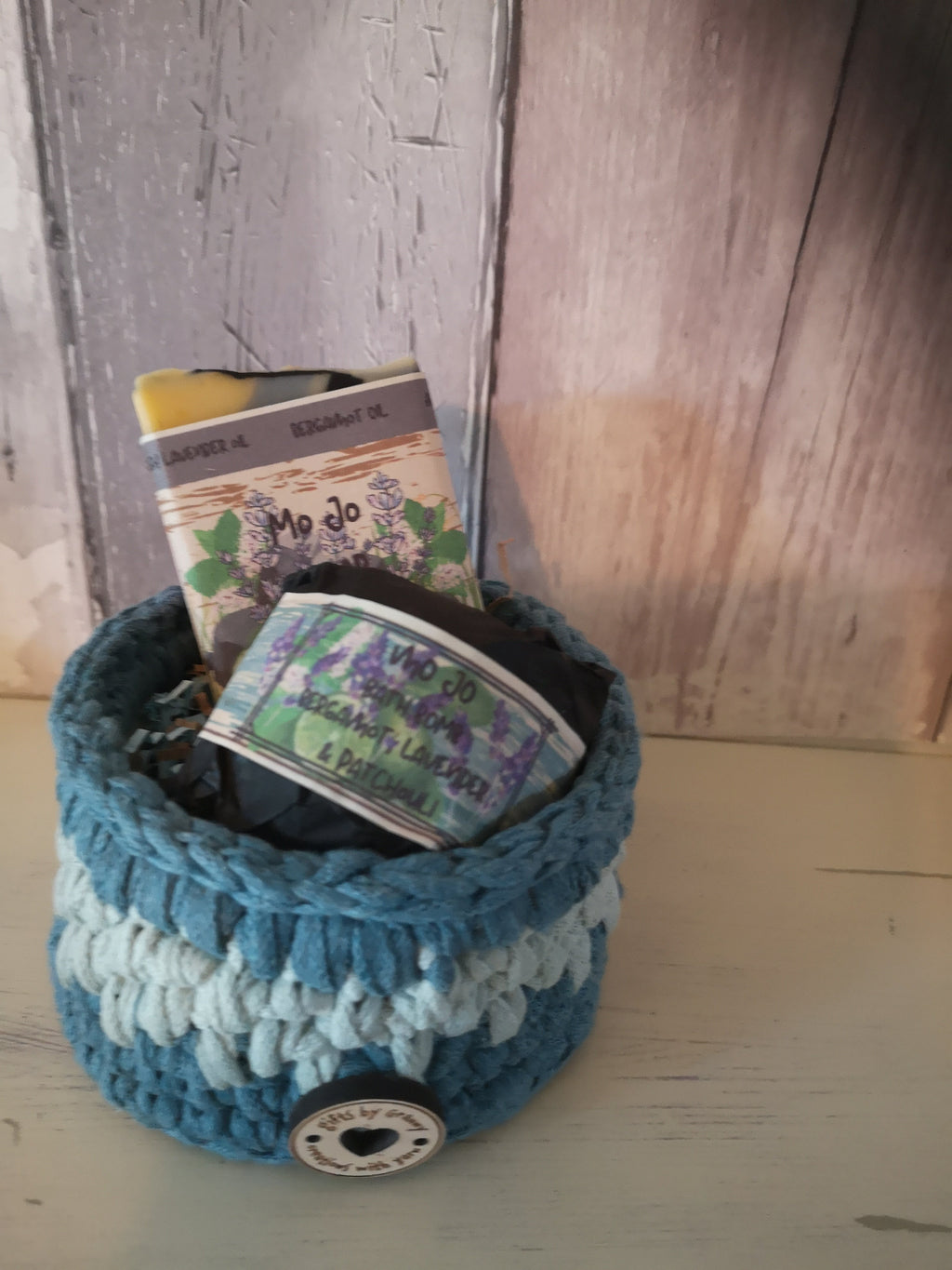 Recycled Cotton Gift Basket with Natural Soap and Bath Bomb