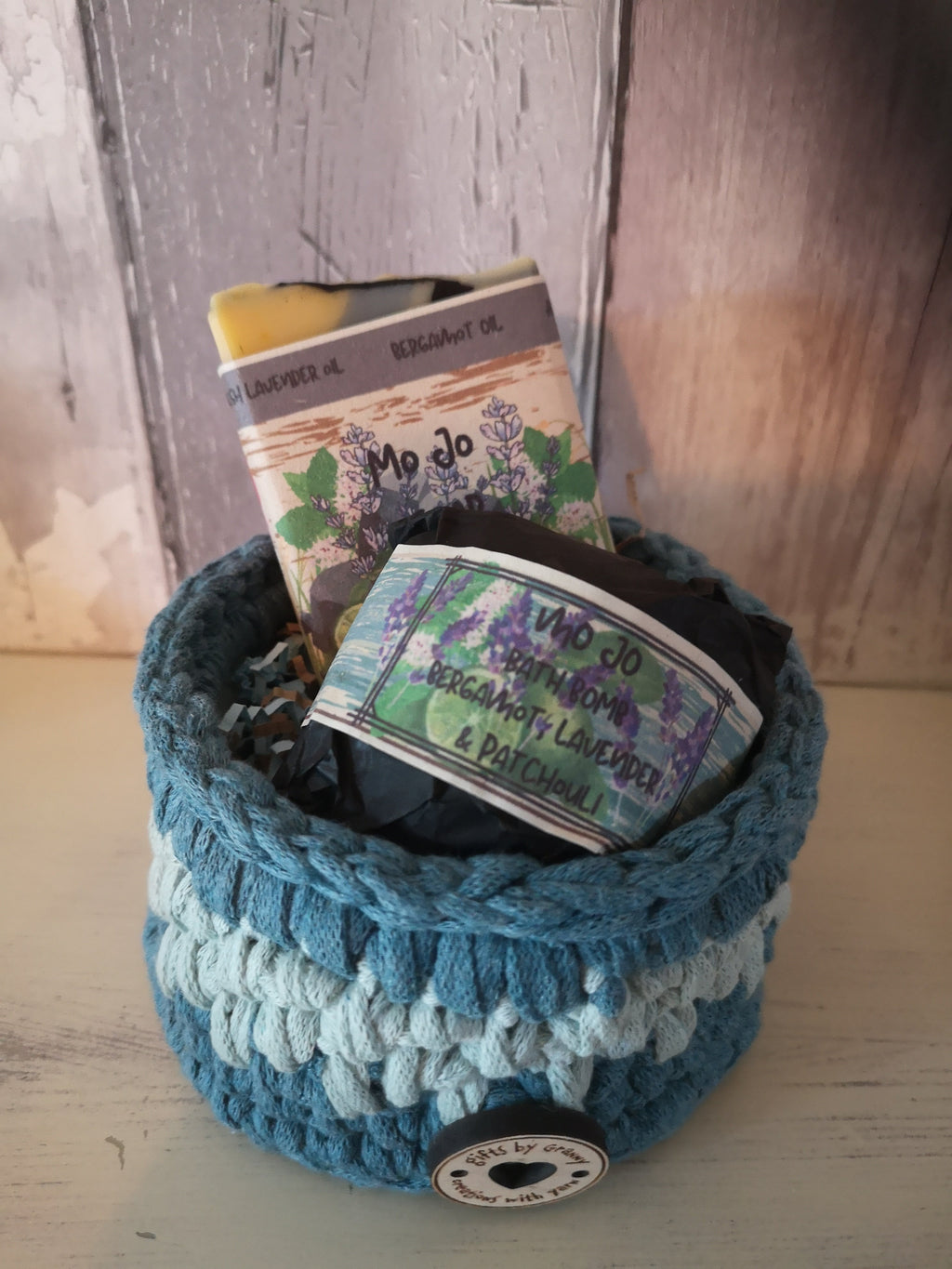 Recycled Cotton Gift Basket with Natural Soap and Bath Bomb