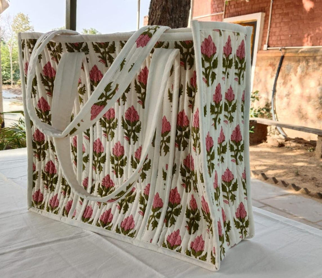 Large Quilted Weekend Tote Bag in Vibrant Pink Block Print