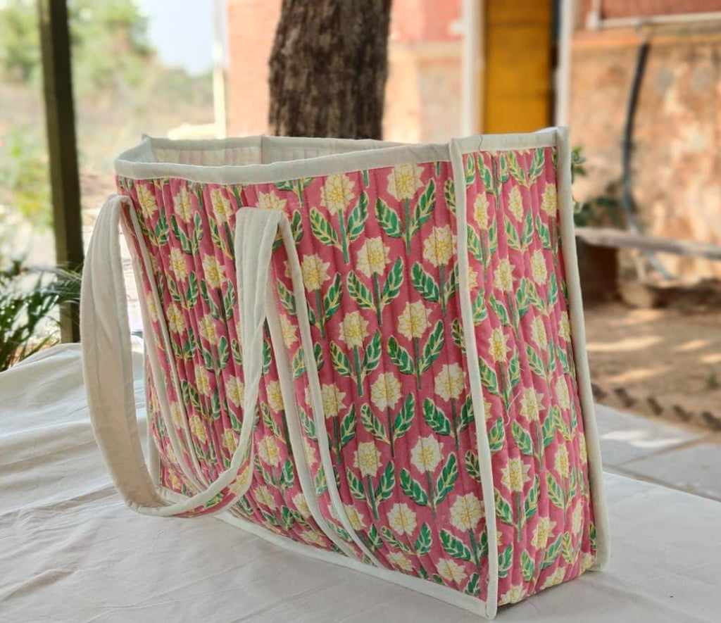 Large Quilted Weekend Tote Bag in Vibrant Pink Block Print