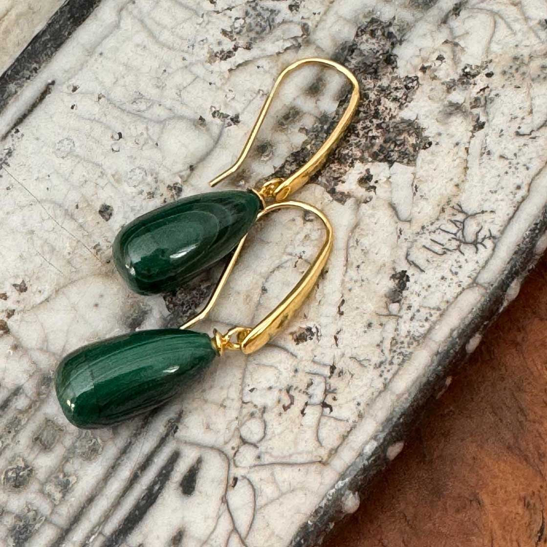 Polished Malachite Stone Drop Earrings in Gold