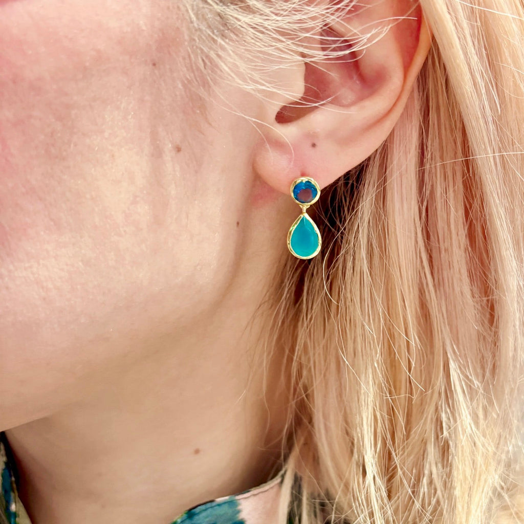 Gold Double Gemstone Drop Earrings with Pariba Onyx and Iolite