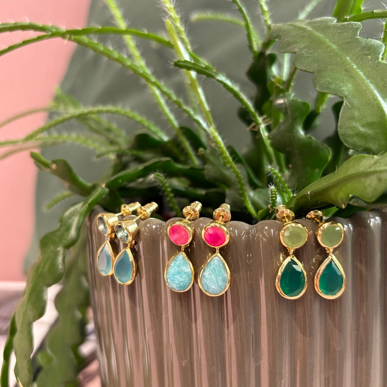 Iris Double Gemstone Drop Earrings with Fuchsia Onyx & Amazonite