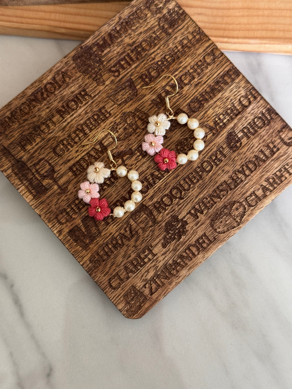 Burgundy Flower Micro Crochet Earrings with Pearl Circle