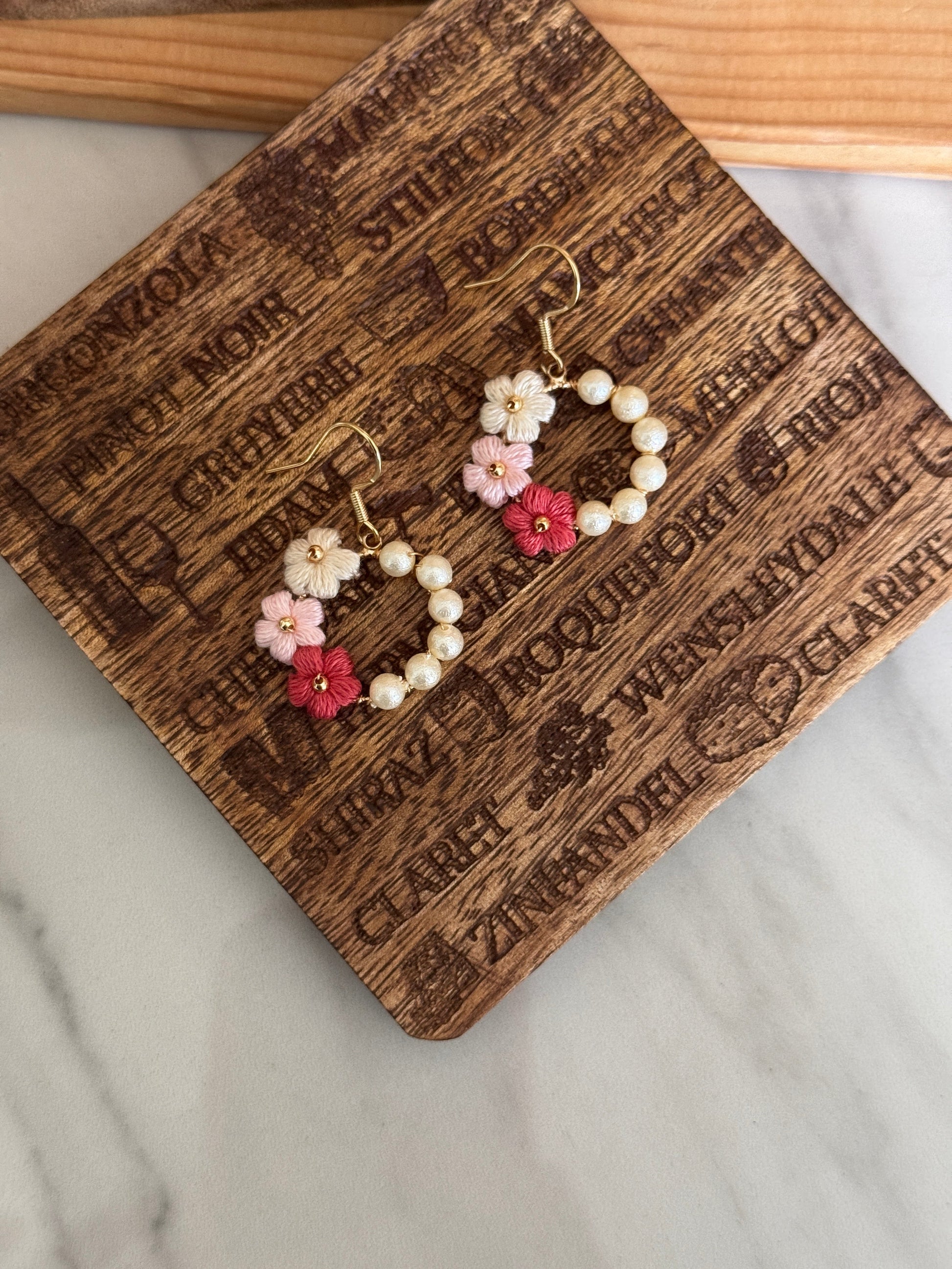 Burgundy Flower Micro Crochet Earrings with Pearl Circle