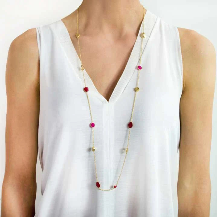Penelope Multi-Stone Necklace: Fuschia Onyx, Peach Moon stone & Red Jade