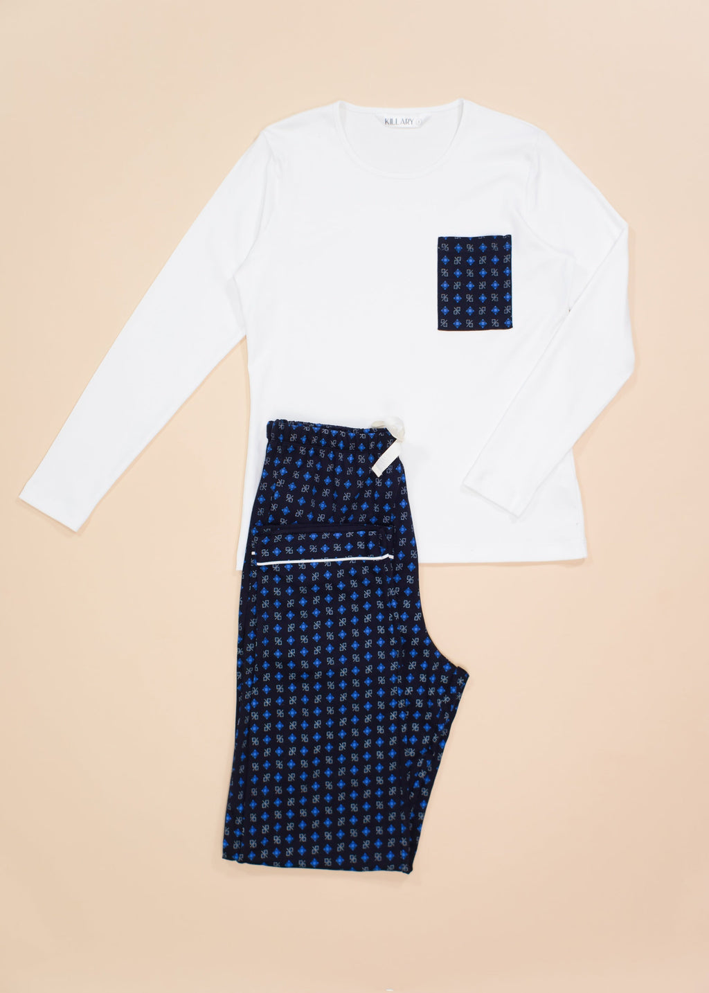 Blue and White Long Sleeve Pajama Set