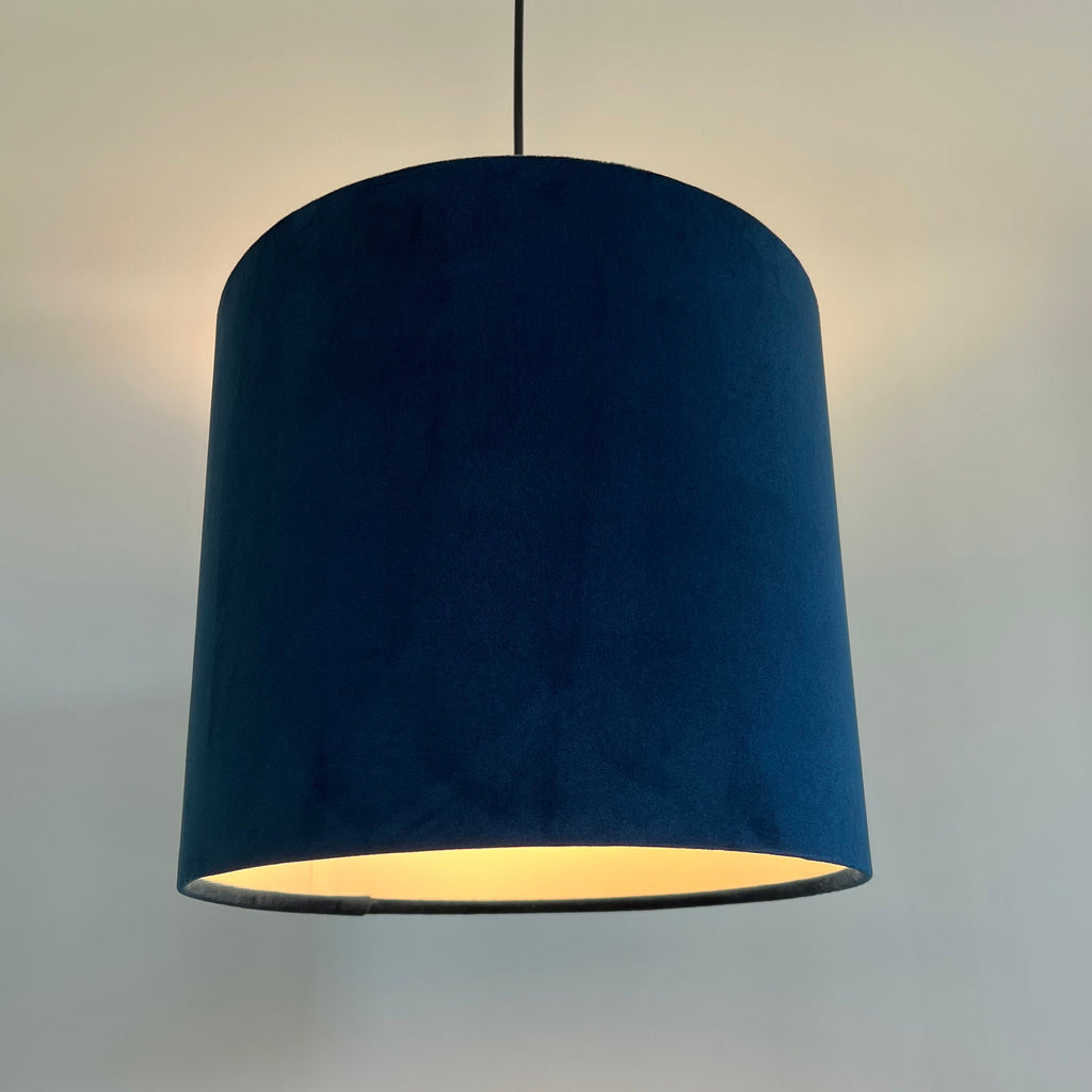 Navy velvet drum lampshade/ ceiling shade with a white lining