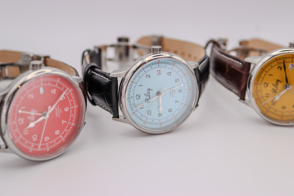 Automatic GMT Aviation Watch in Canary Yellow, Silver, Sky Blue, Red and Cream