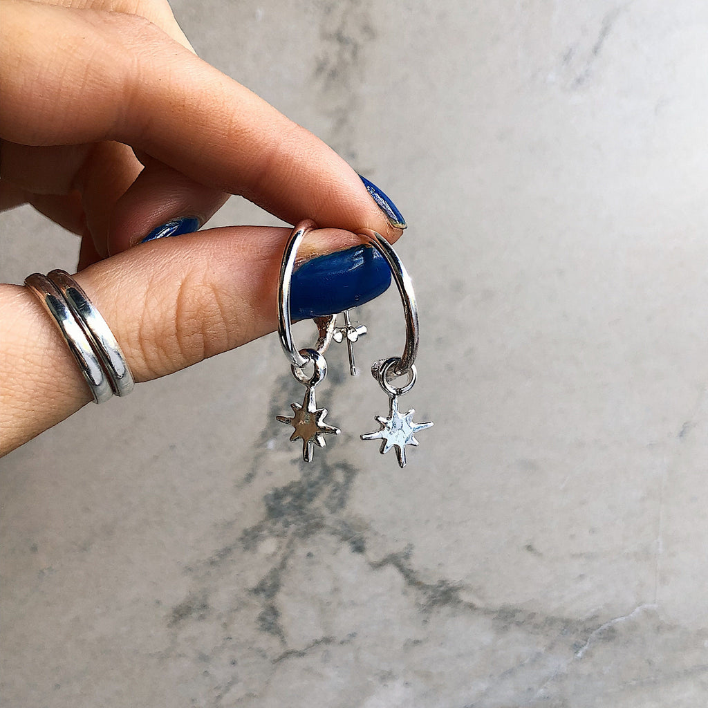 North Star Charm Hoops in Sterling Silver