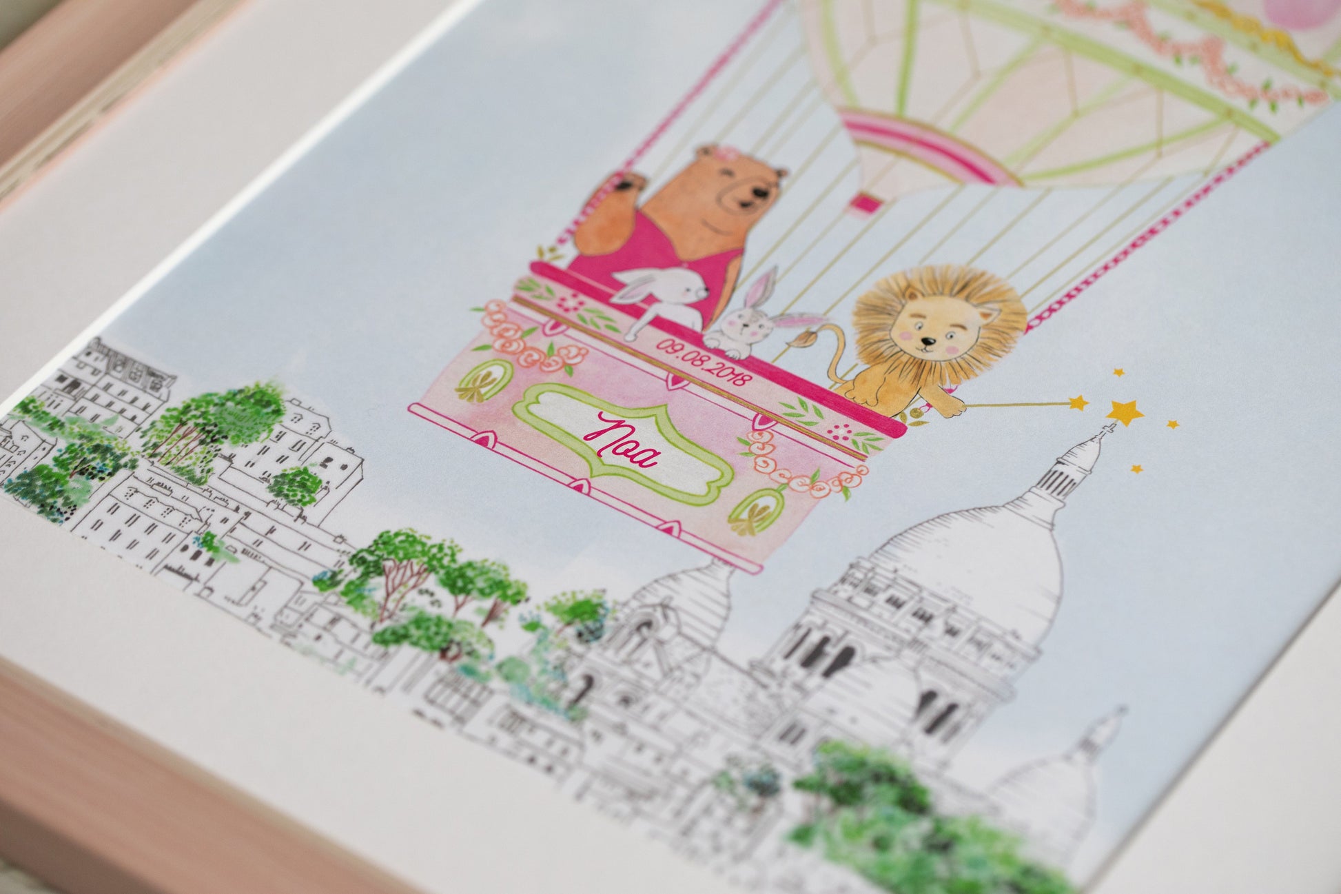 Personalised Hot Air Balloon of Montmartre Wall Print for Girls