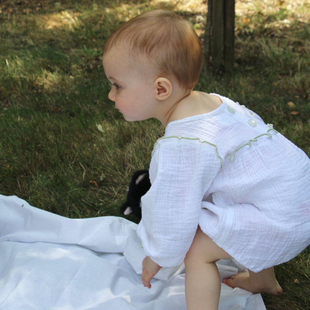 Organic Cotton Muslin Green Ruffle Romper for Baby