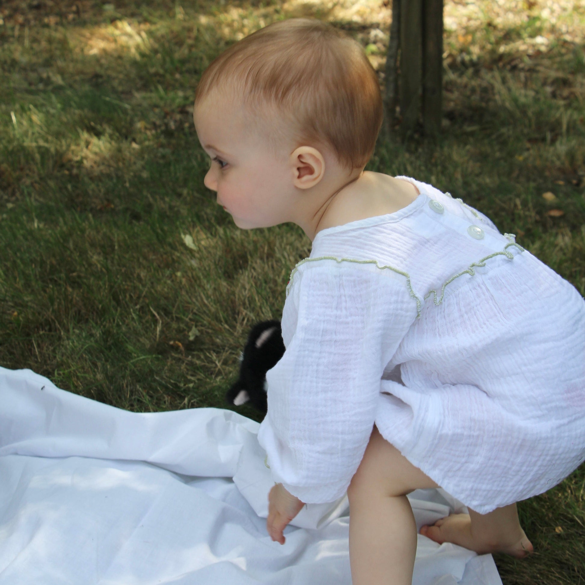 Organic Cotton Muslin Green Ruffle Romper for Baby