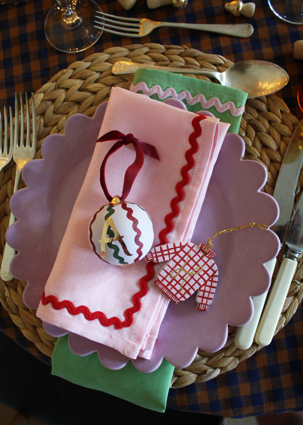 Pink and Red Ricrac Linen Napkins, Set of 2