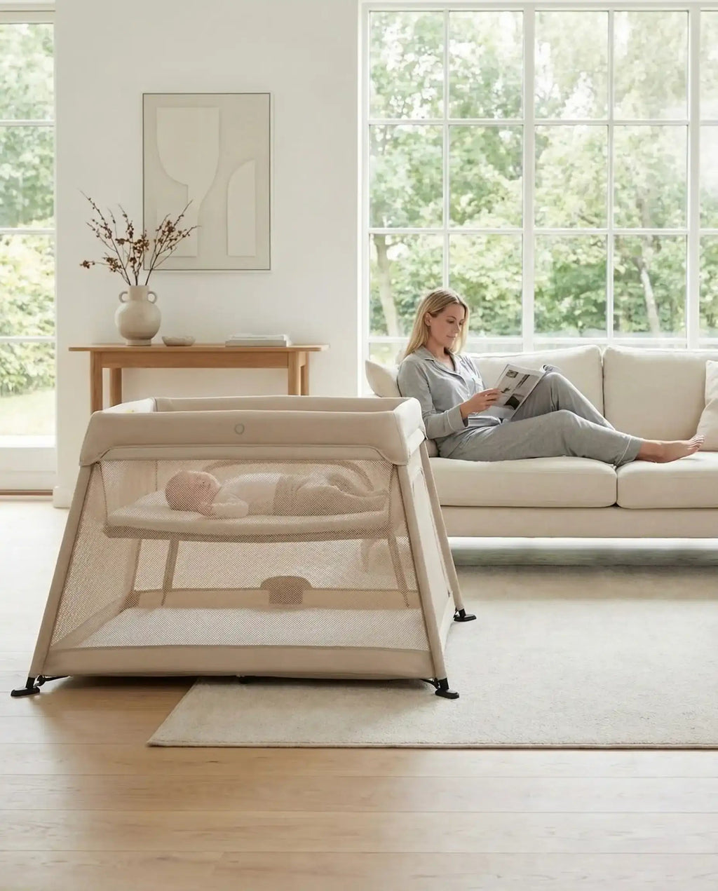 Travel Cot with Newborn Bassinet Insert in Beige