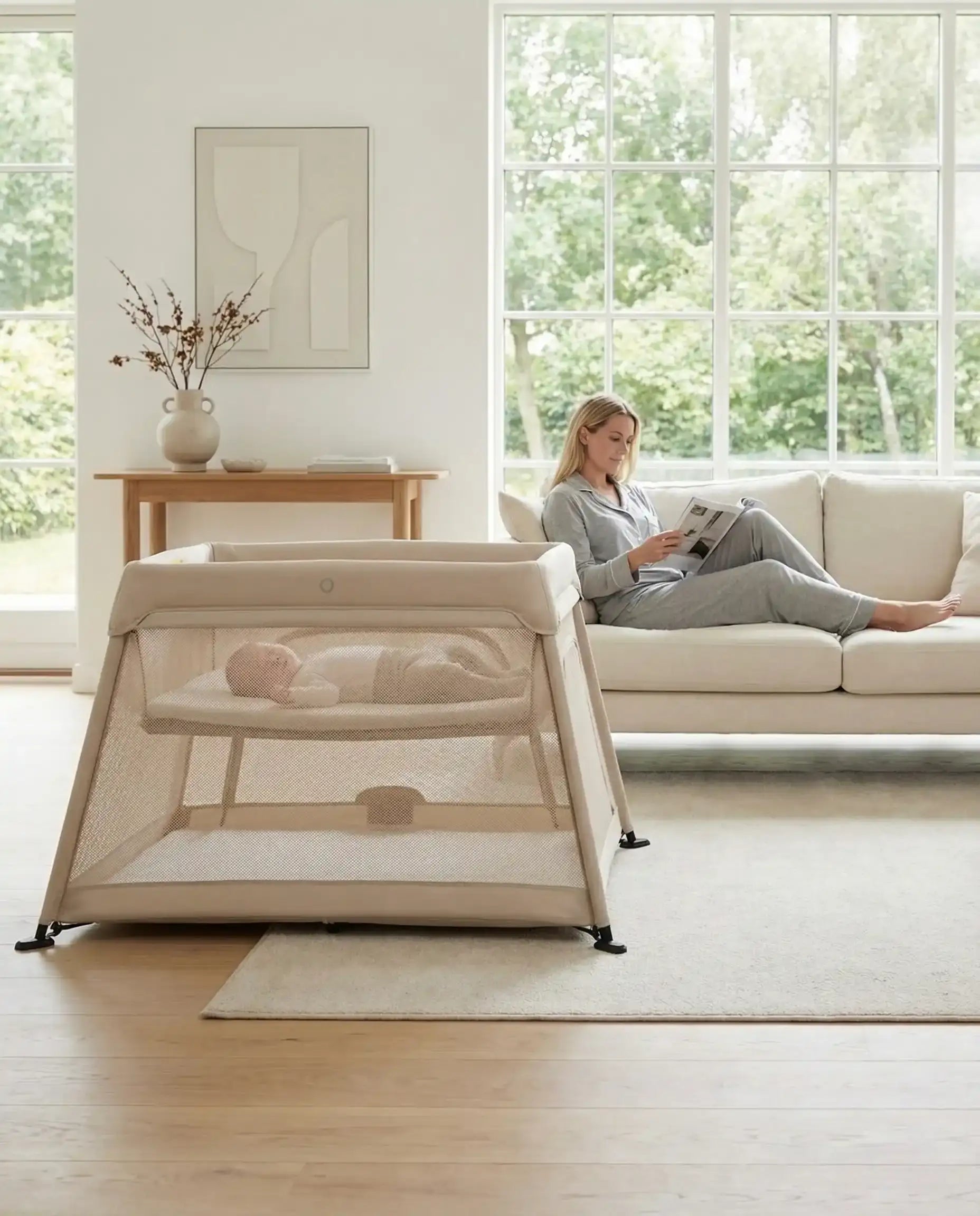 Travel Cot with Newborn Bassinet Insert in Beige