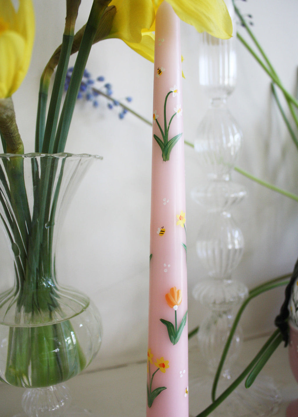 Tulips and Daffodils Hand Painted Candle