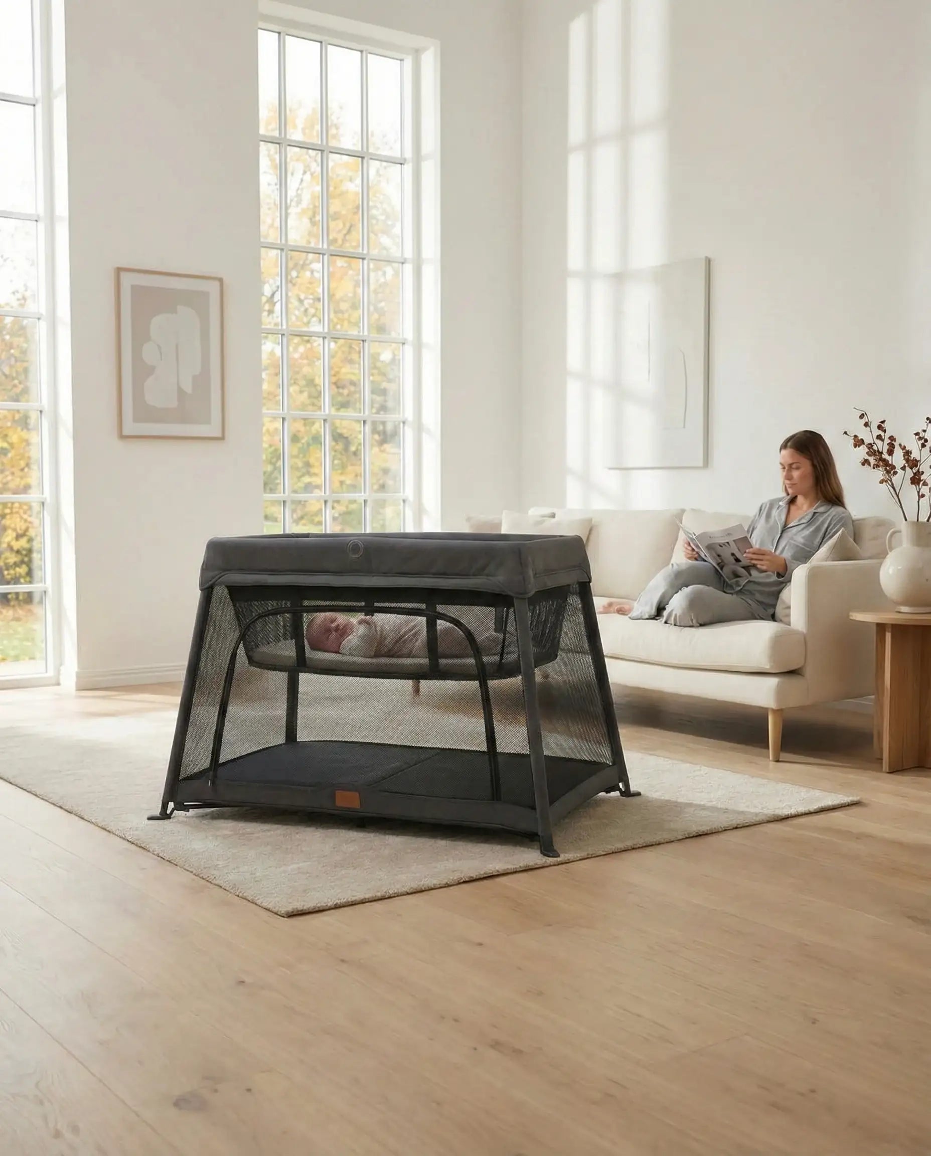 Travel Cot with Newborn Bassinet Insert in Dark Grey