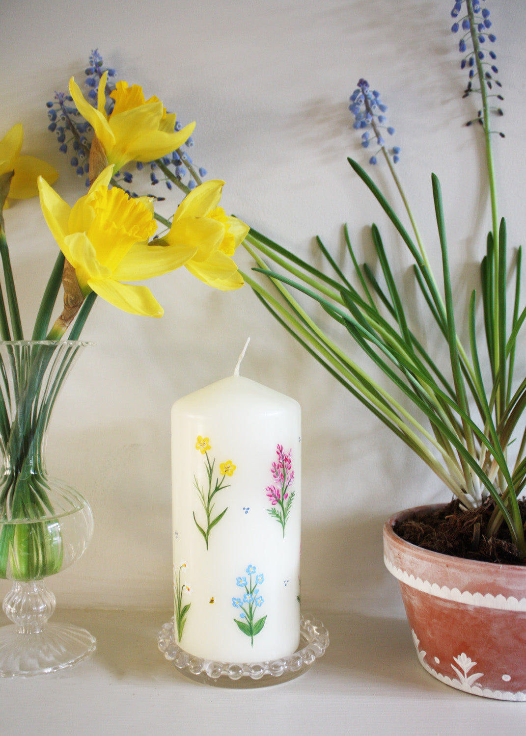 Rainbow Wildflower Pillar Candle Hand Painted