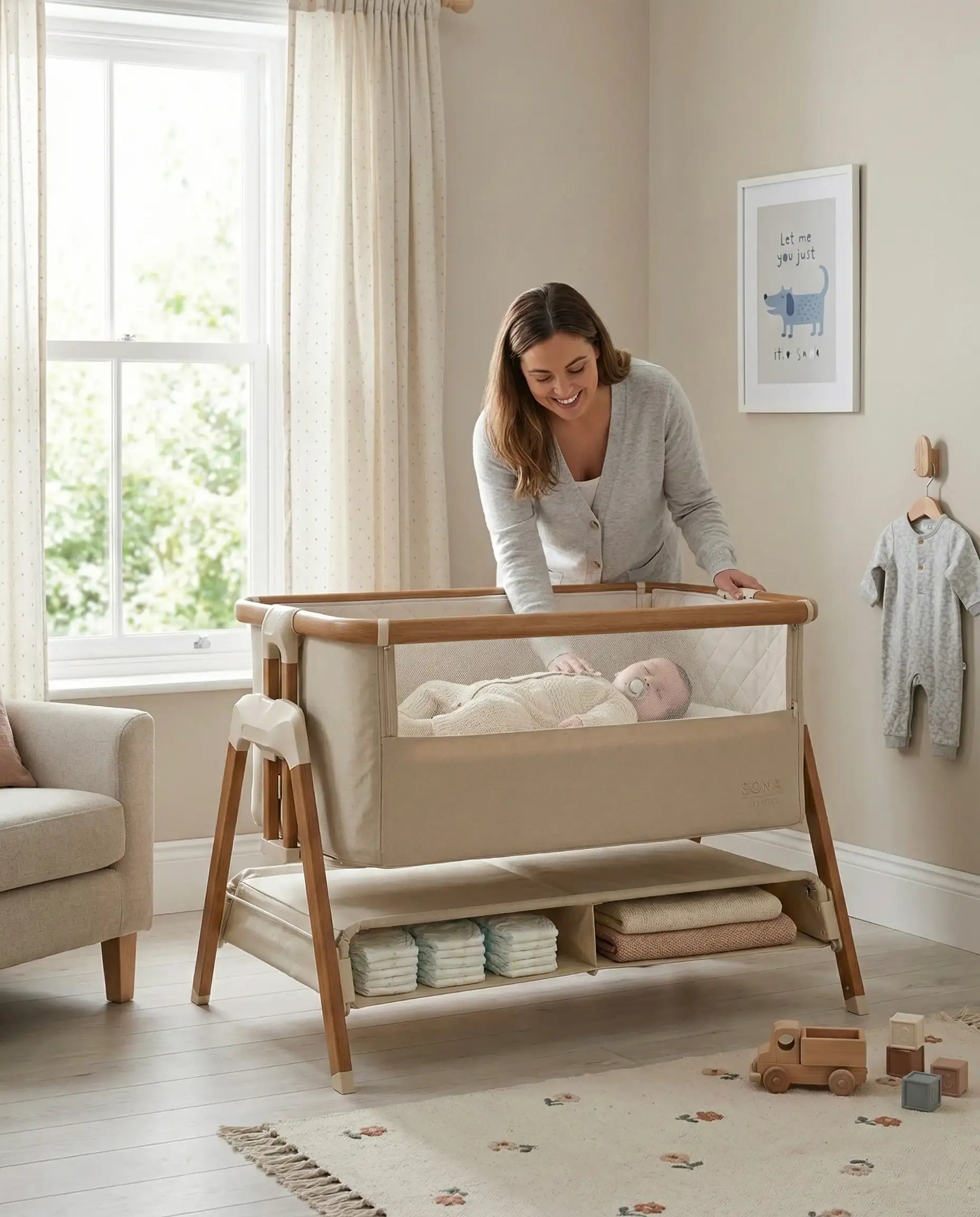 Beige Bedside Crib for Newborns