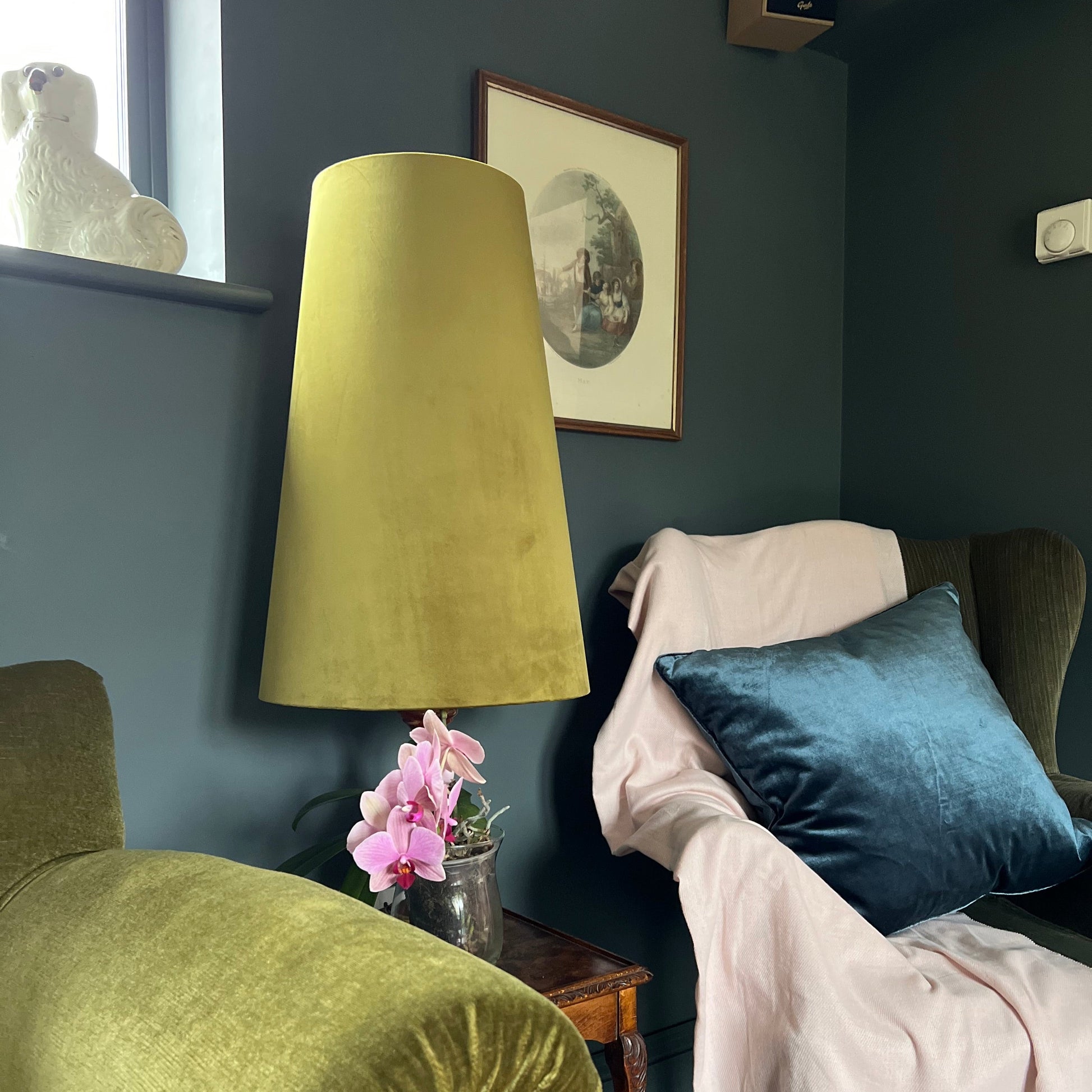 Olive Velvet cone lampshade, extra tall lampshade